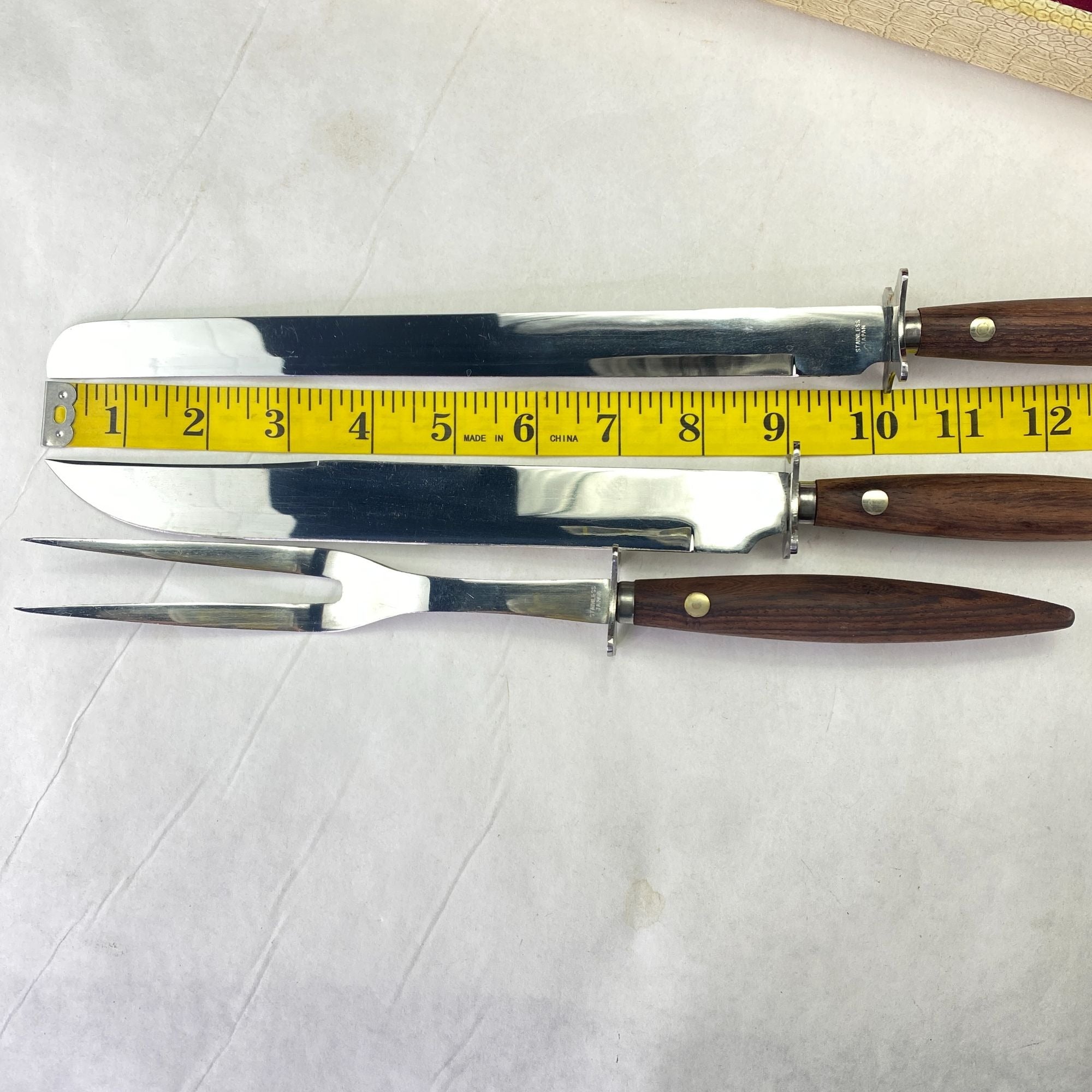 Vintage MCM Wood Handles Stainless Steel Carving Set 3 Pc Set with Box Japan