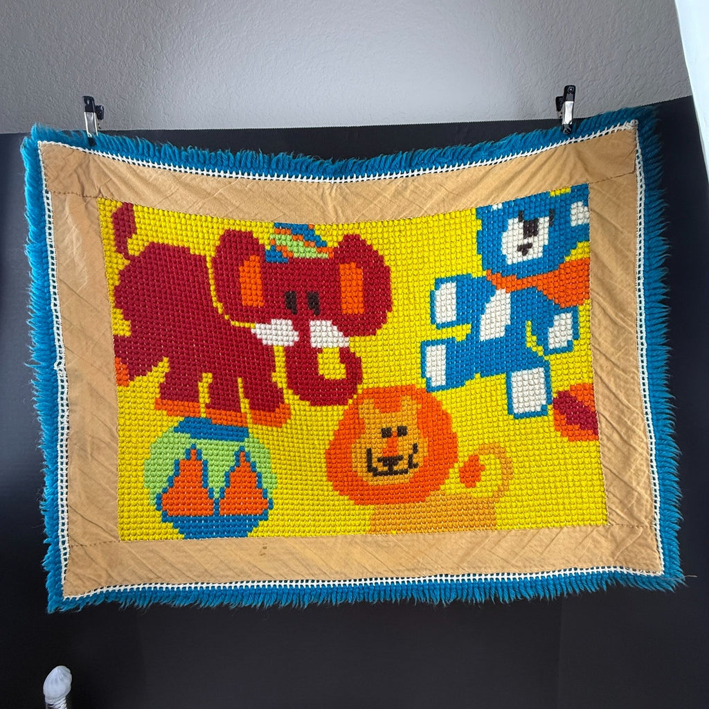 Vintage Circus Zoo Animals Latch Hook Rug Completed