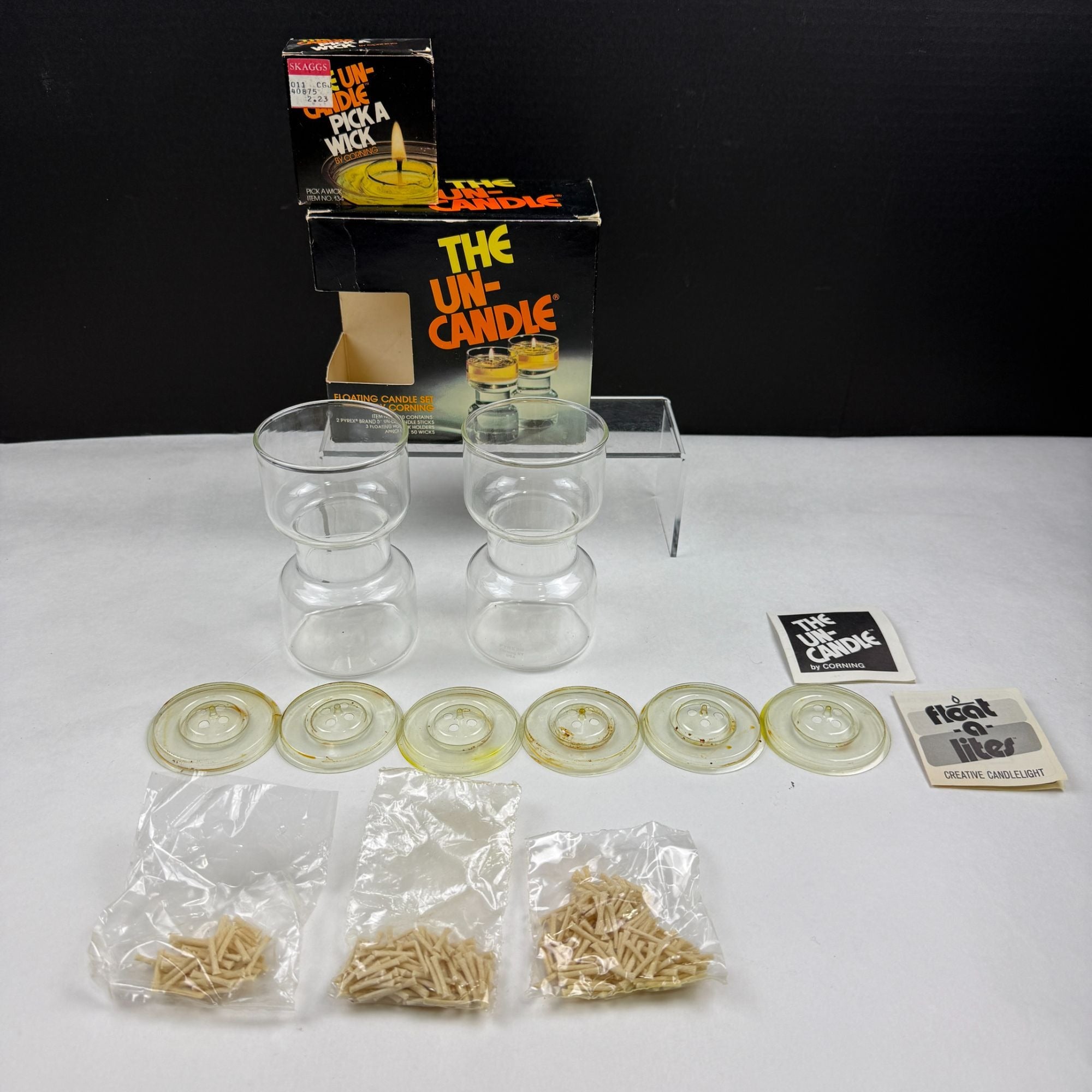 Vintage Corning Pyrex The Uncandle Set With Wicks & Floating Wick Holders