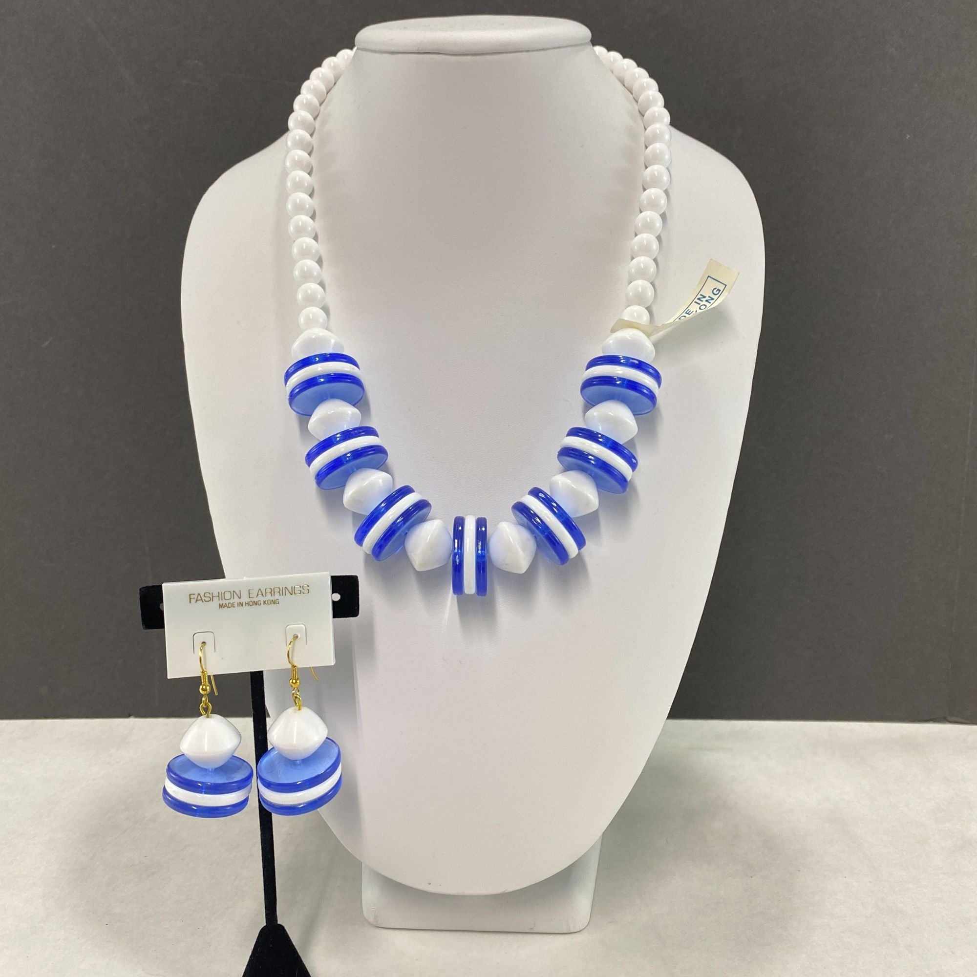 Vintage 90s Necklace and Earrings Set Blue White Disc Beads NOS