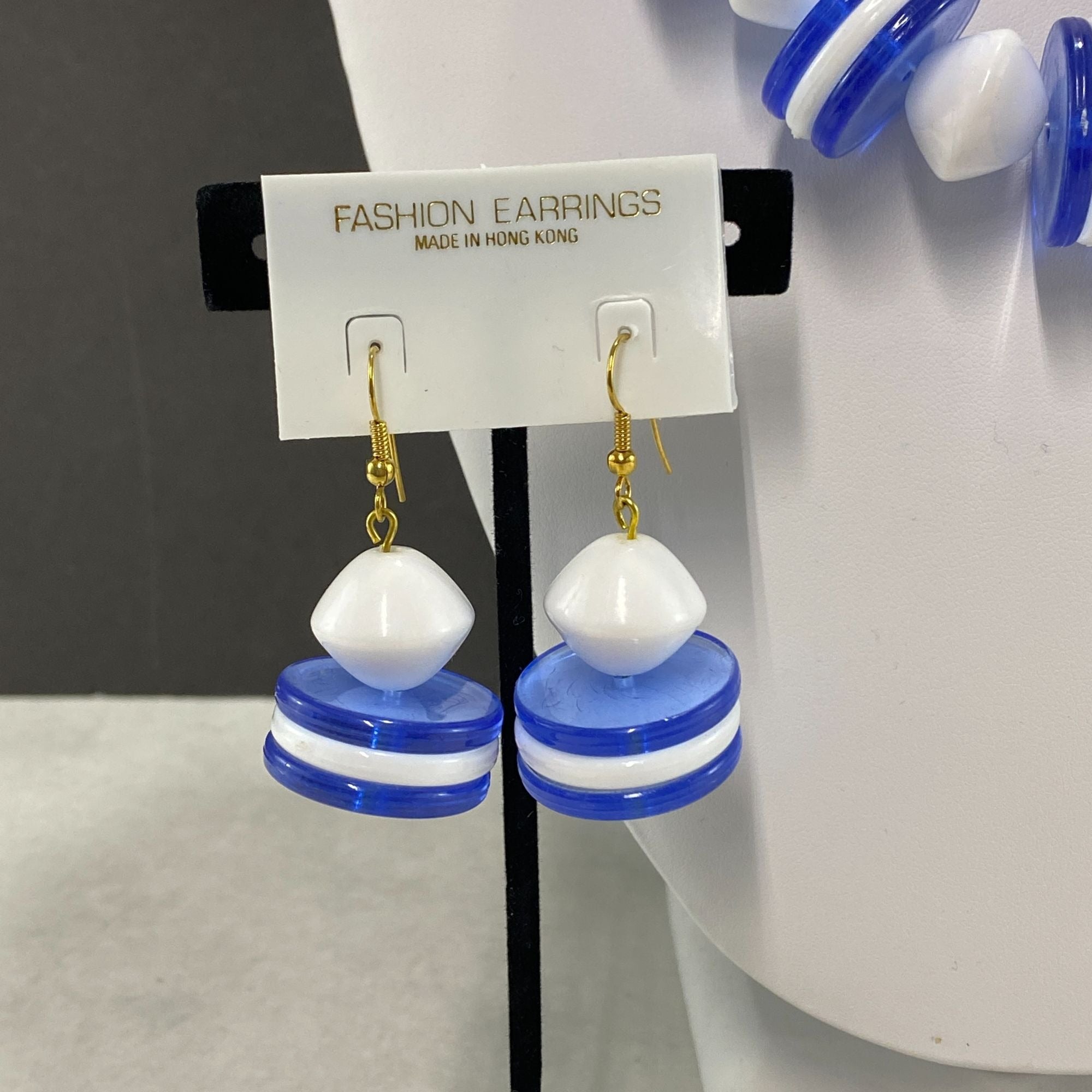 Vintage 90s Necklace and Earrings Set Blue White Disc Beads NOS