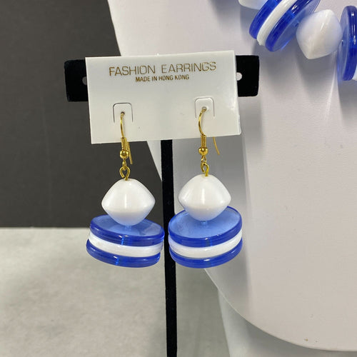 Vintage 90s Necklace and Earrings Set Blue White Disc Beads NOS