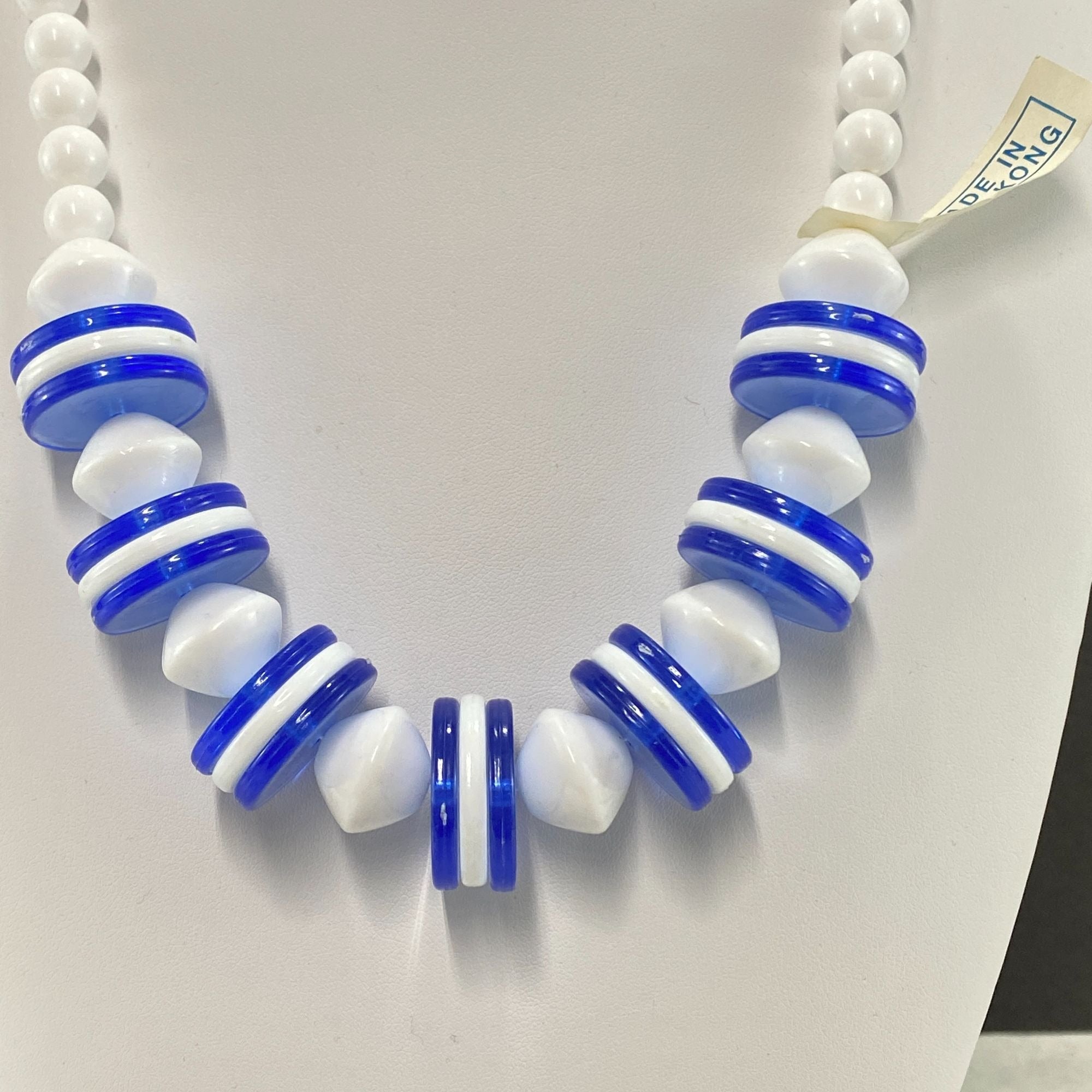 Vintage 90s Necklace and Earrings Set Blue White Disc Beads NOS