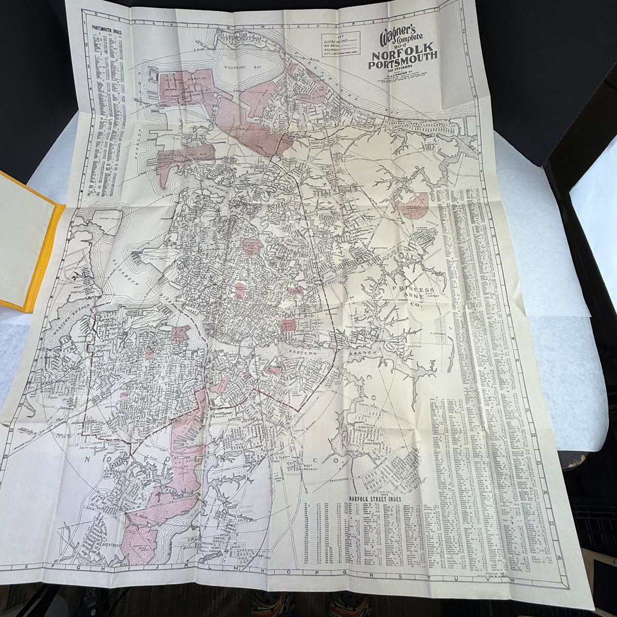 Vintage 1943 Wagner Norfolk Portsmouth Virginia Area Map Bus Trolley
