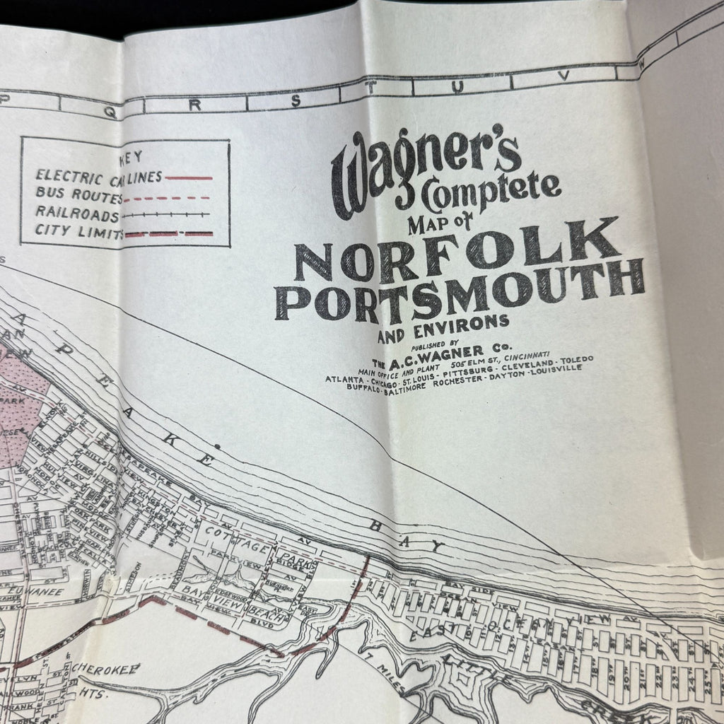 Vintage 1943 Wagner Norfolk Portsmouth Virginia Area Map Bus Trolley