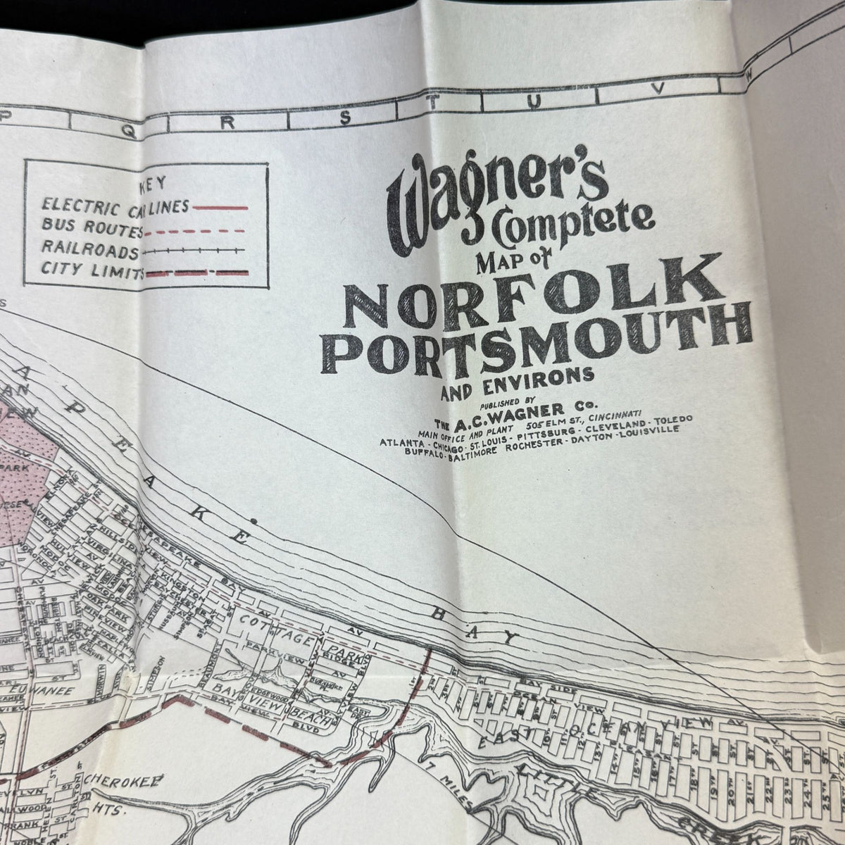 Vintage 1943 Wagner Norfolk Portsmouth Virginia Area Map Bus Trolley