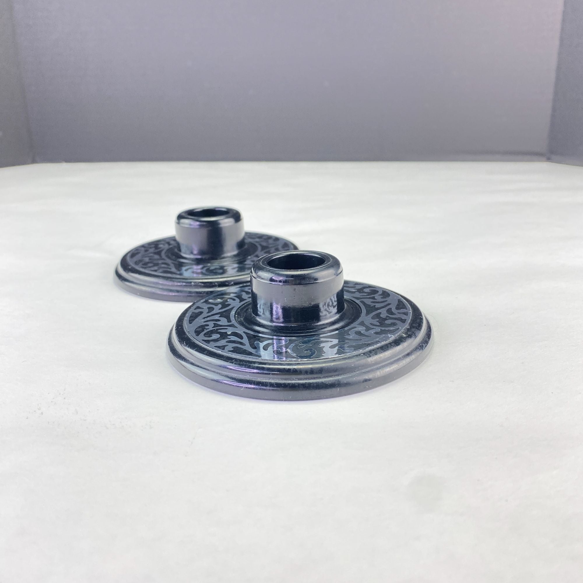 Vintage Compo-Site Black Silver Tone Scroll Design Taper Candle Holders