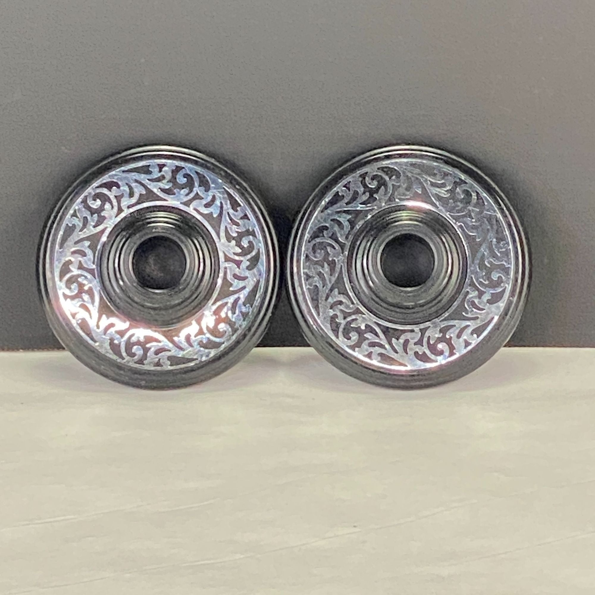 Vintage Compo-Site Black Silver Tone Scroll Design Taper Candle Holders