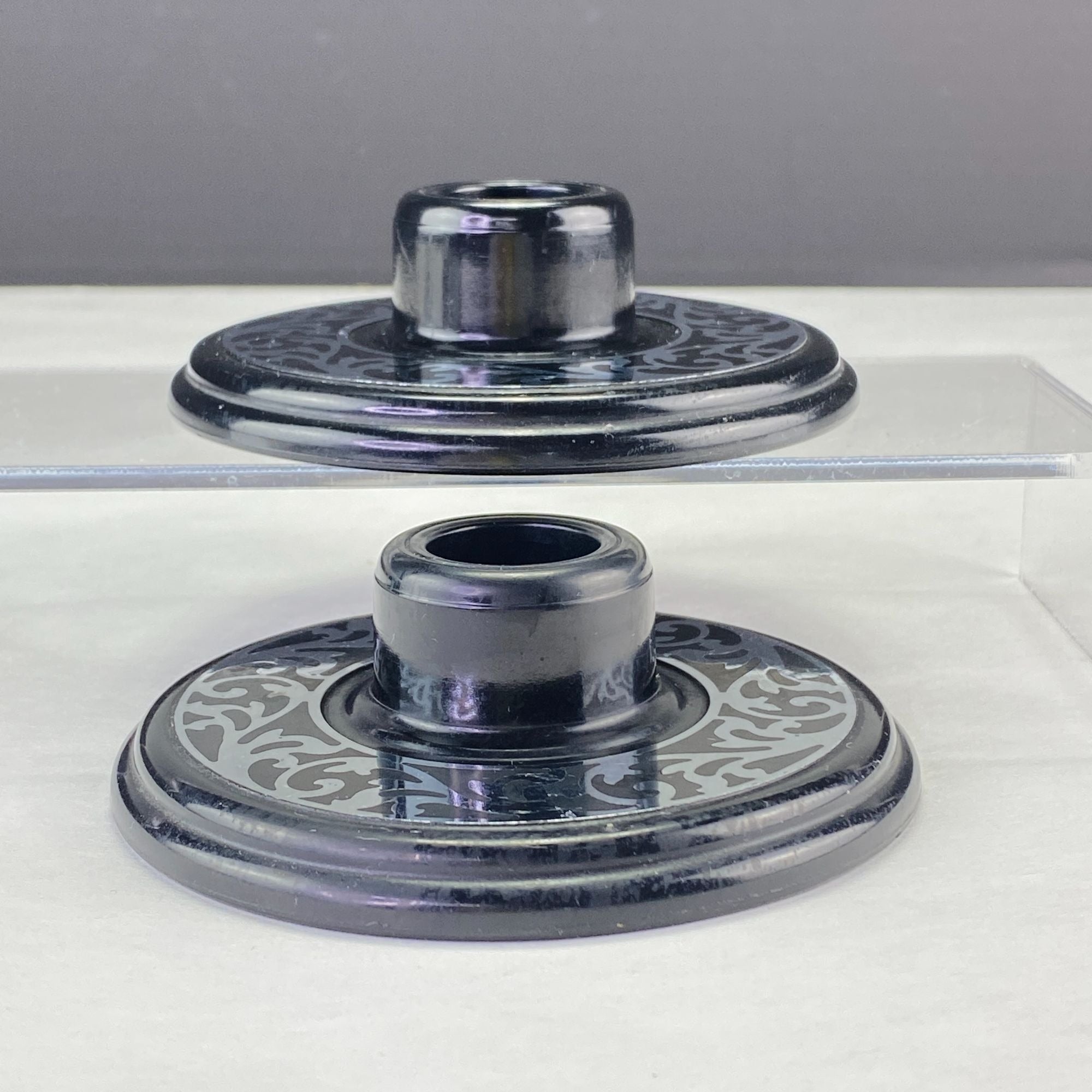 Vintage Compo-Site Black Silver Tone Scroll Design Taper Candle Holders