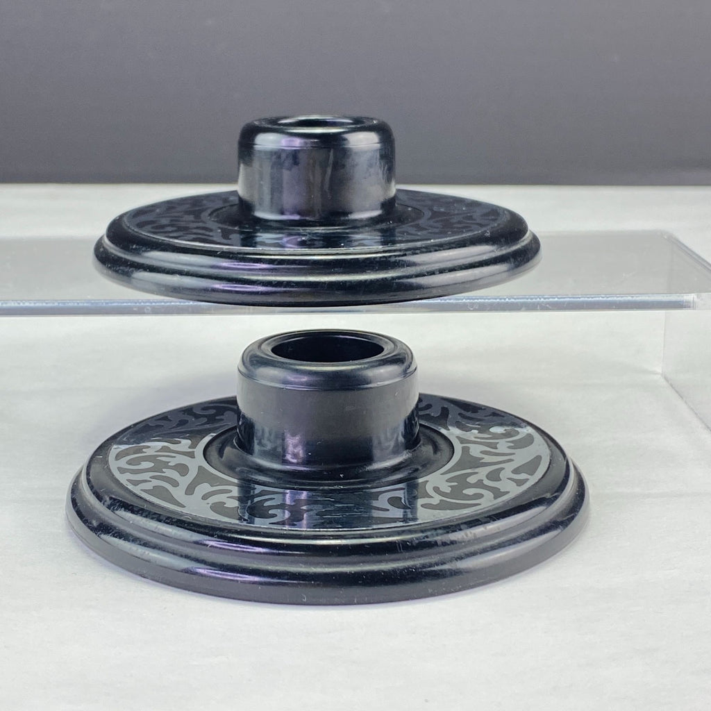 Vintage Compo-Site Black Silver Tone Scroll Design Taper Candle Holders
