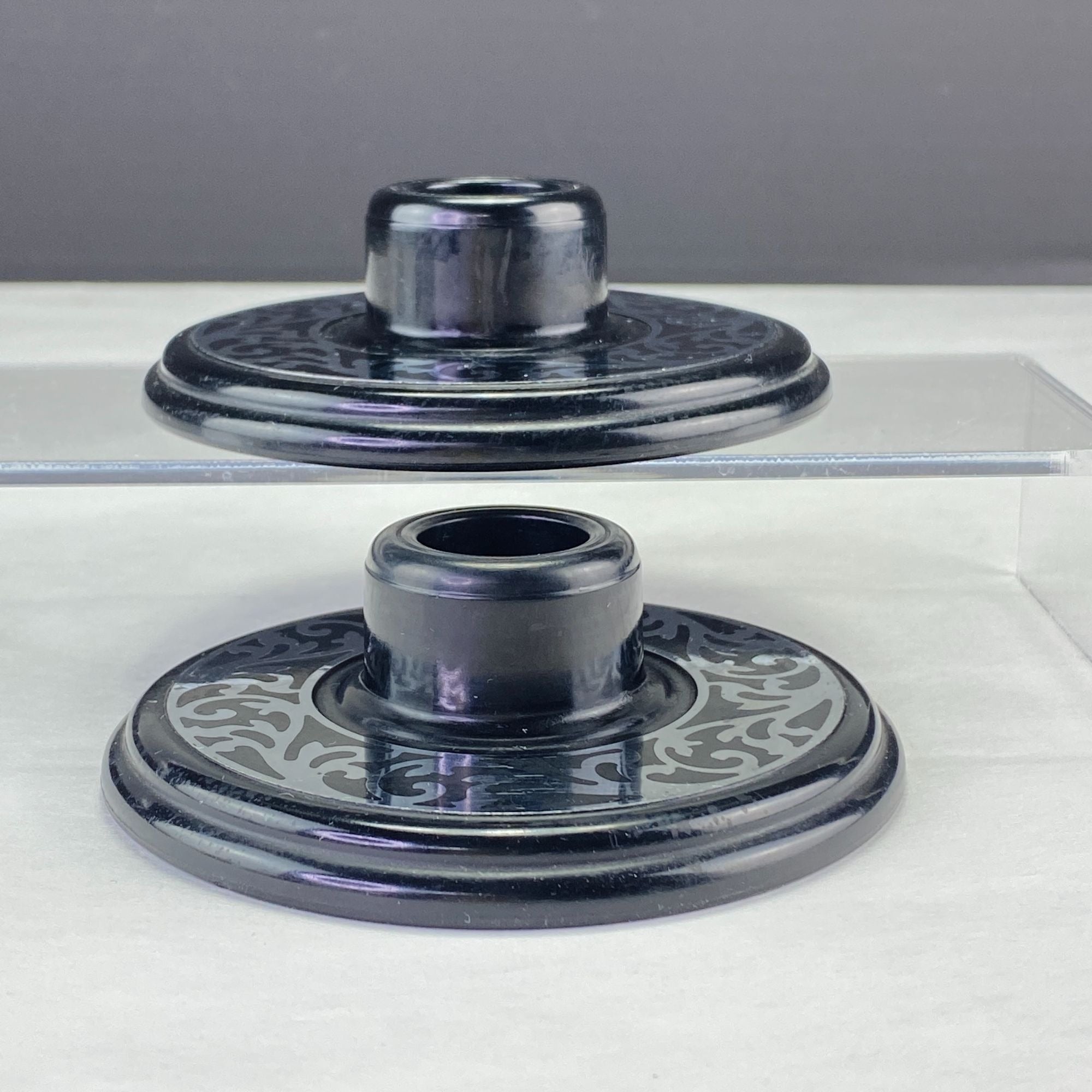 Vintage Compo-Site Black Silver Tone Scroll Design Taper Candle Holders