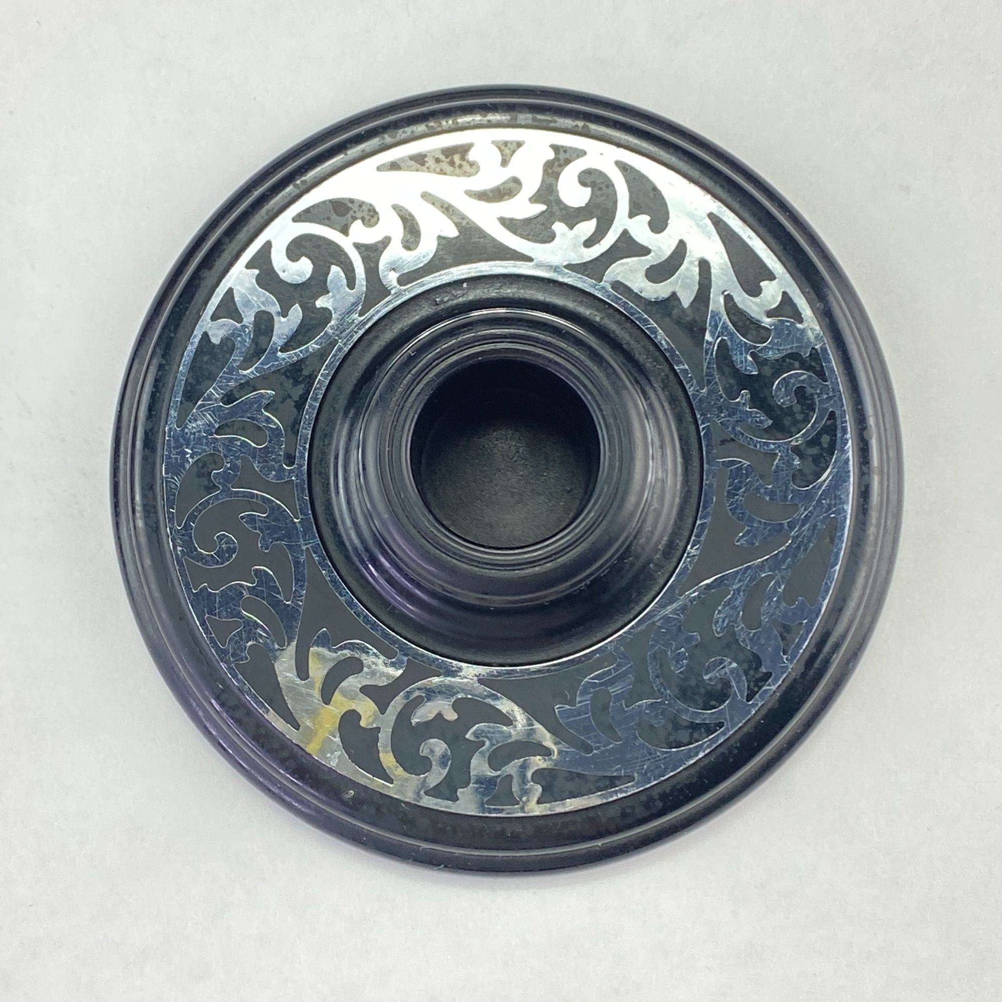 Vintage Compo-Site Black Silver Tone Scroll Design Taper Candle Holders