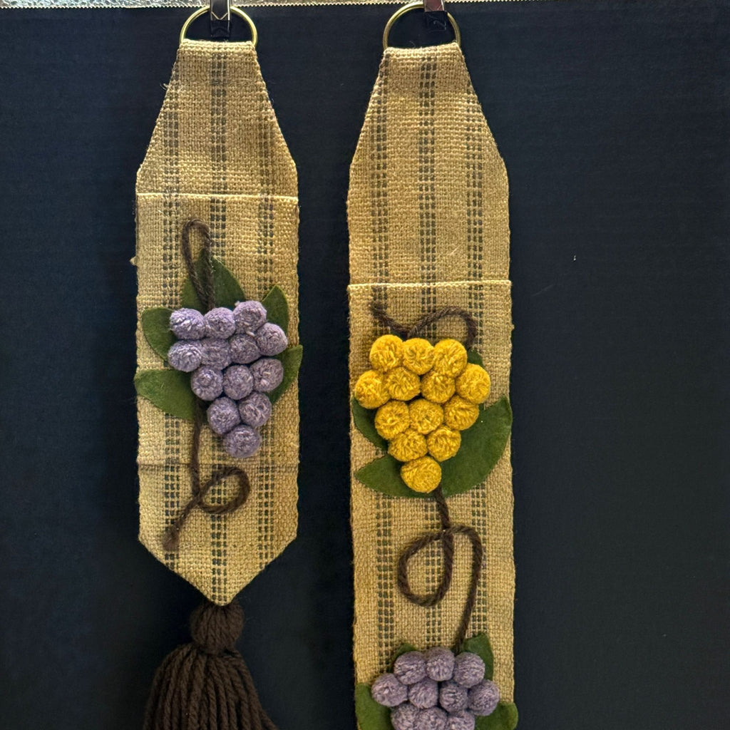 Vintage Burlap Strap Pom Pom Grapes Yardstick & Scissor Holder Set With Tassels