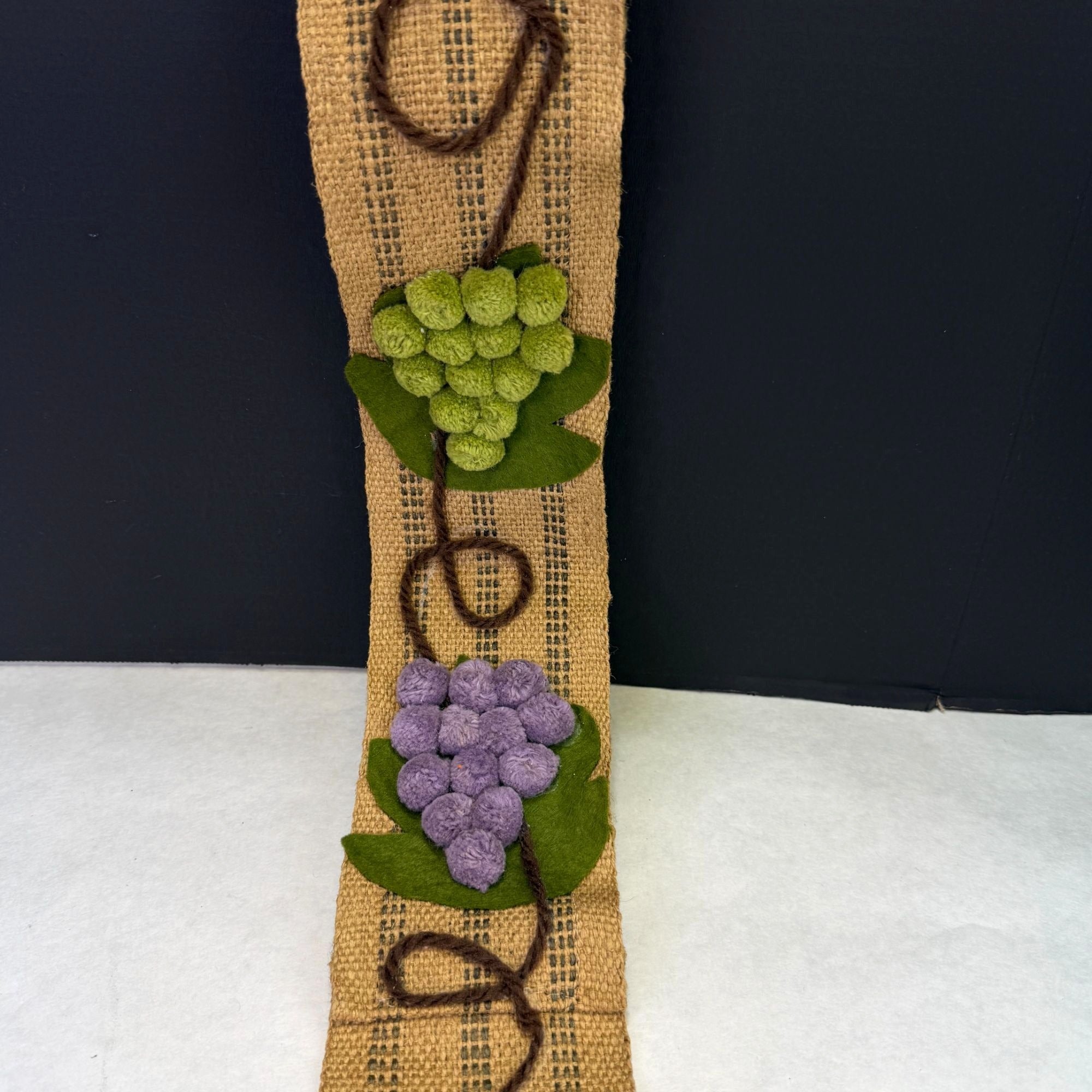 Vintage Burlap Strap Pom Pom Grapes Yardstick & Scissor Holder Set With Tassels