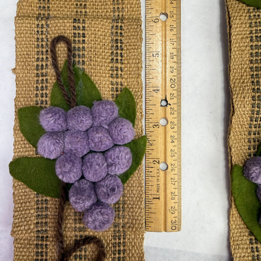 Vintage Burlap Strap Pom Pom Grapes Yardstick & Scissor Holder Set With Tassels