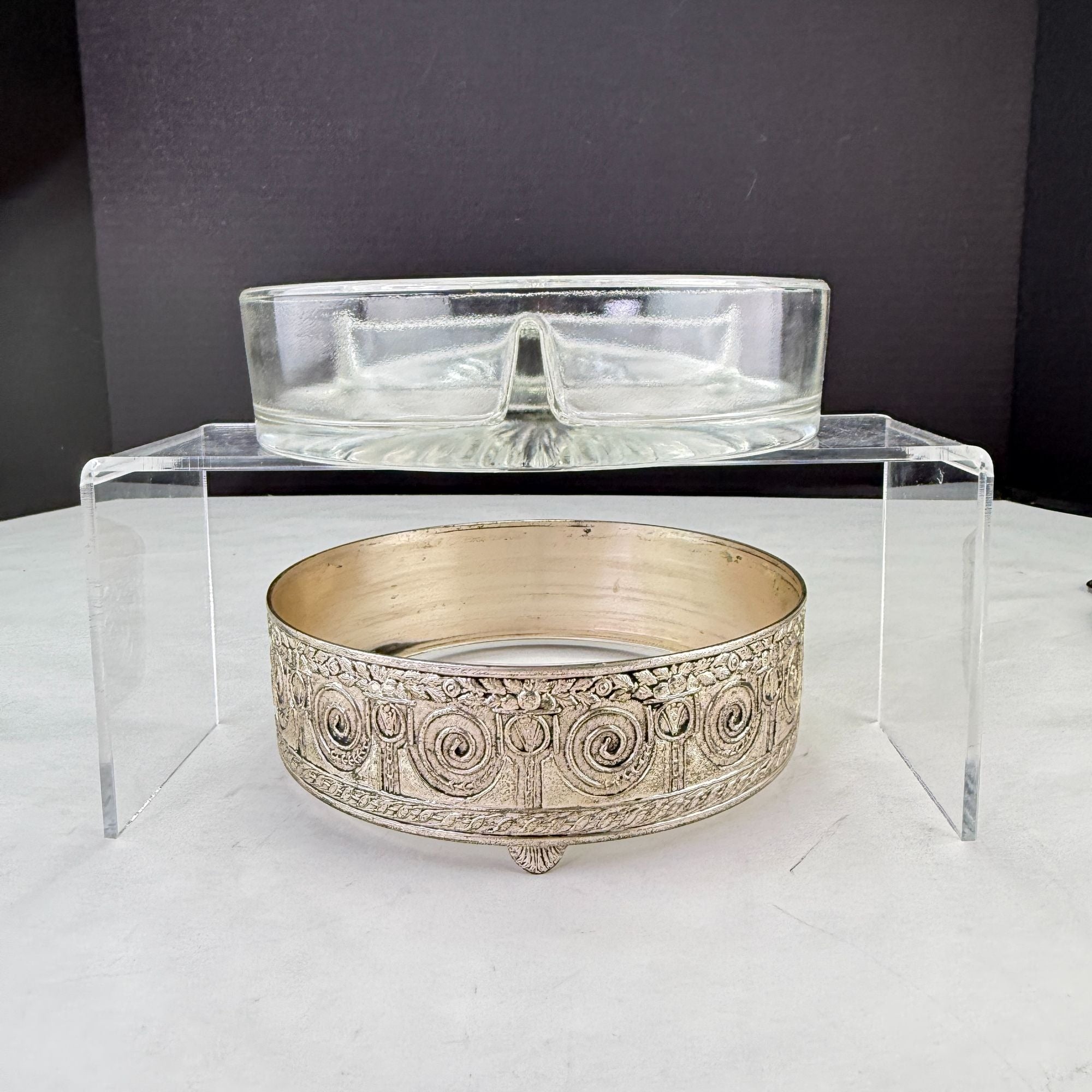 Vintage PNCW Silverplate Covered Divided Glass Relish Tray