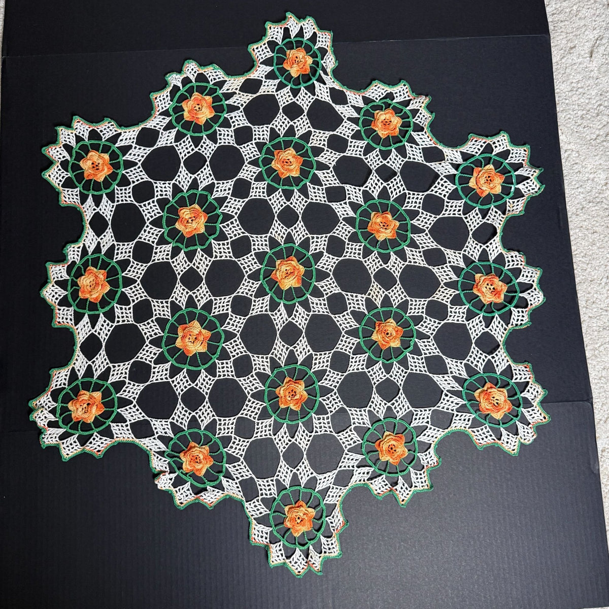Vintage Handmade Crochet Doily Table Centerpiece Orange Roses Green White 35"