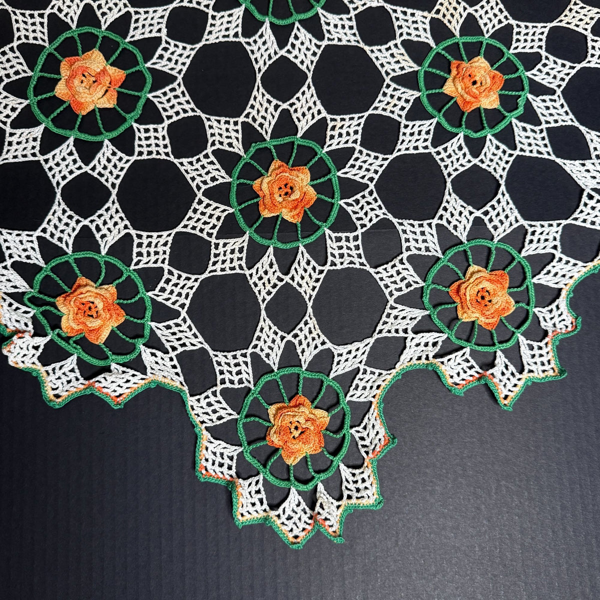 Vintage Handmade Crochet Doily Table Centerpiece Orange Roses Green White 35"