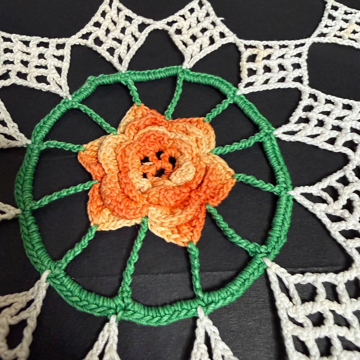 Vintage Handmade Crochet Doily Table Centerpiece Orange Roses Green White 35"