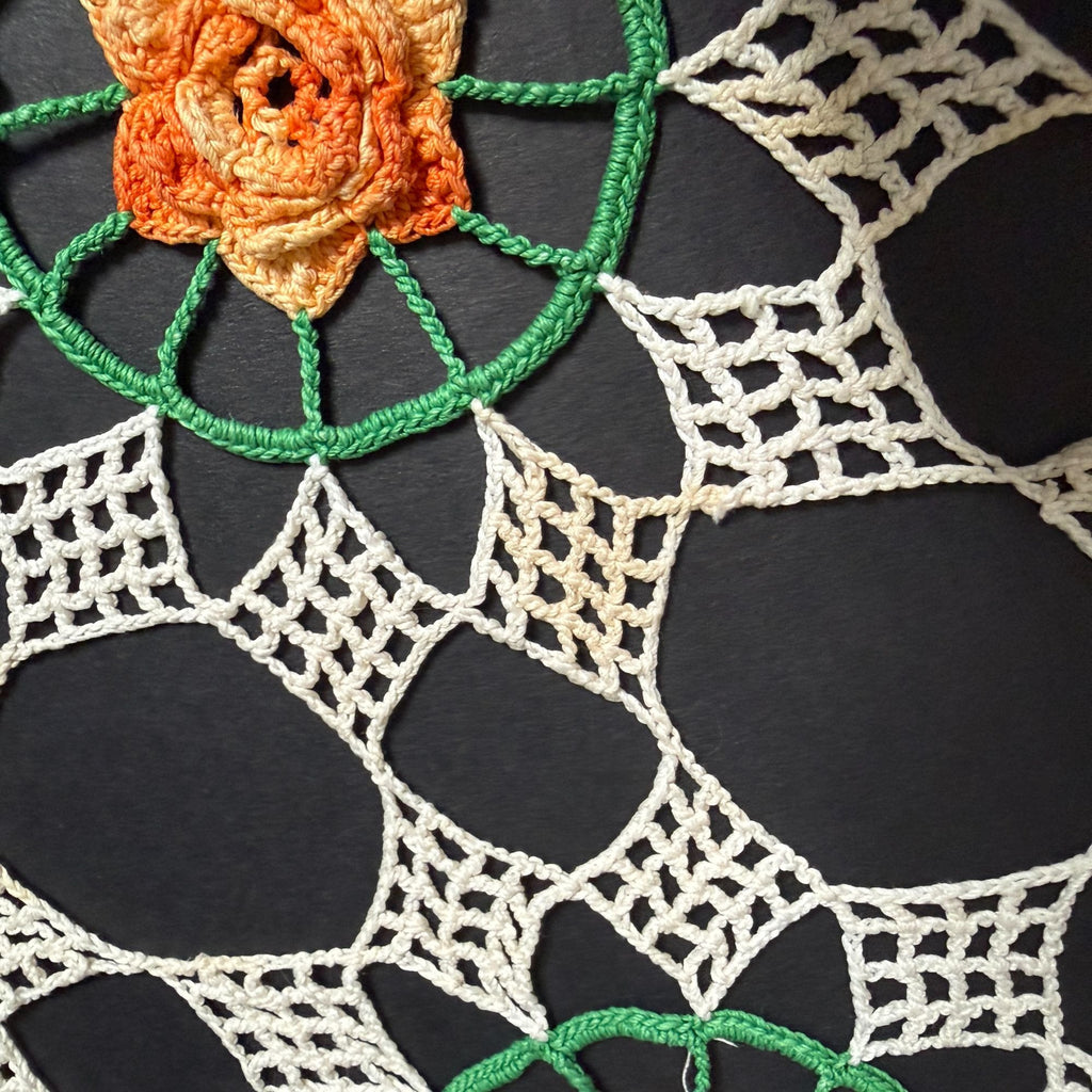 Vintage Handmade Crochet Doily Table Centerpiece Orange Roses Green White 35"