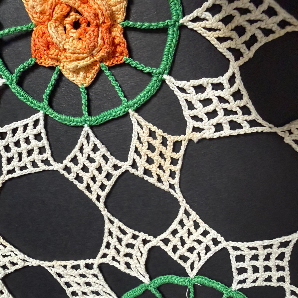 Vintage Handmade Crochet Doily Table Centerpiece Orange Roses Green White 35"