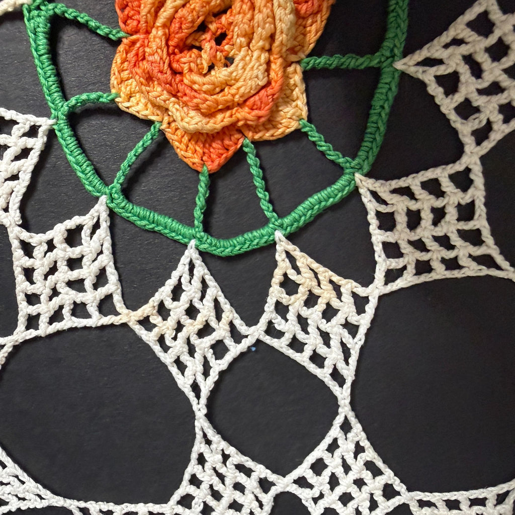 Vintage Handmade Crochet Doily Table Centerpiece Orange Roses Green White 35"