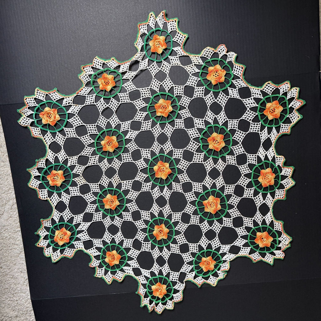 Vintage Handmade Crochet Doily Table Centerpiece Orange Roses Green White 35"