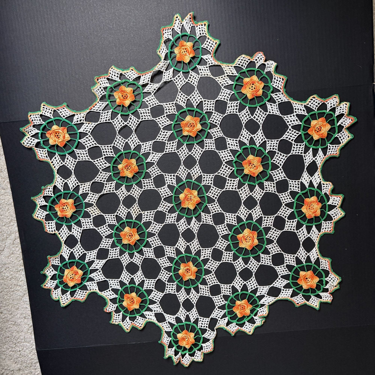 Vintage Handmade Crochet Doily Table Centerpiece Orange Roses Green White 35"
