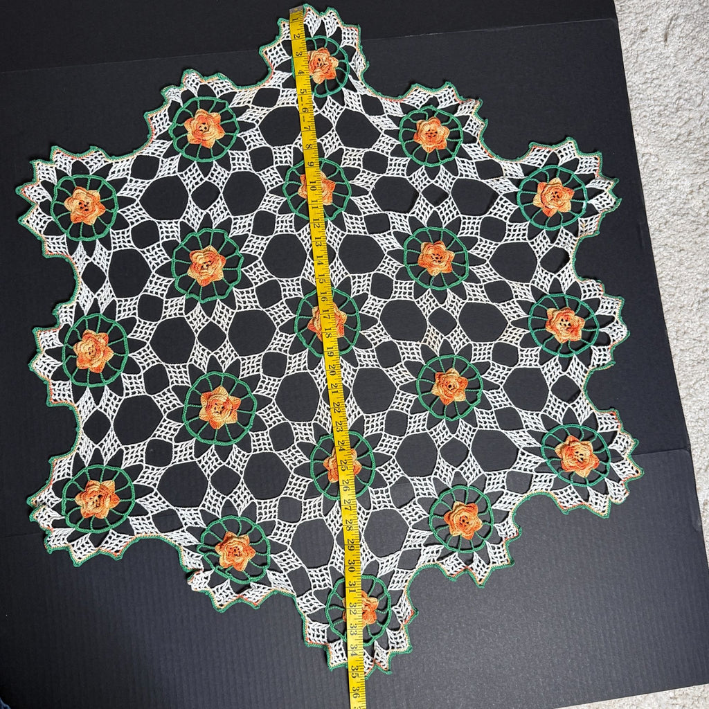 Vintage Handmade Crochet Doily Table Centerpiece Orange Roses Green White 35"