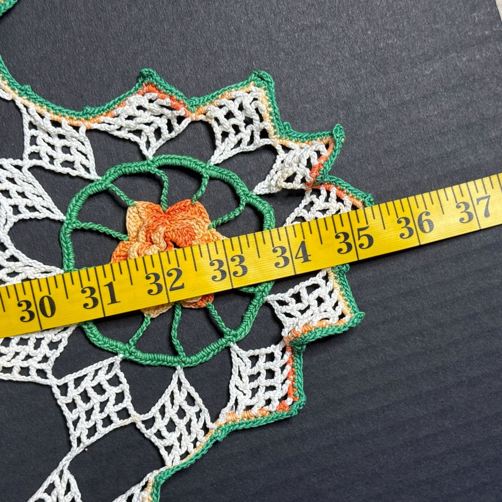 Vintage Handmade Crochet Doily Table Centerpiece Orange Roses Green White 35"