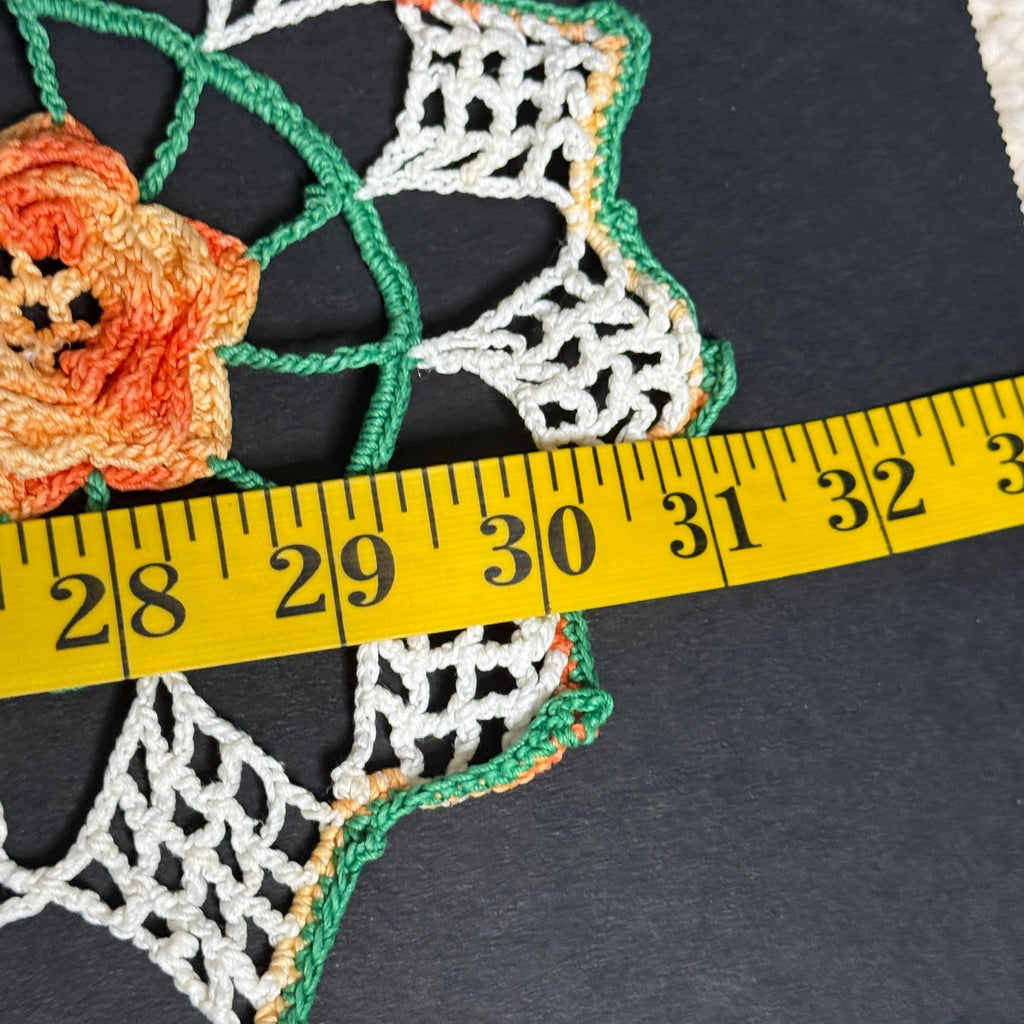 Vintage Handmade Crochet Doily Table Centerpiece Orange Roses Green White 35"