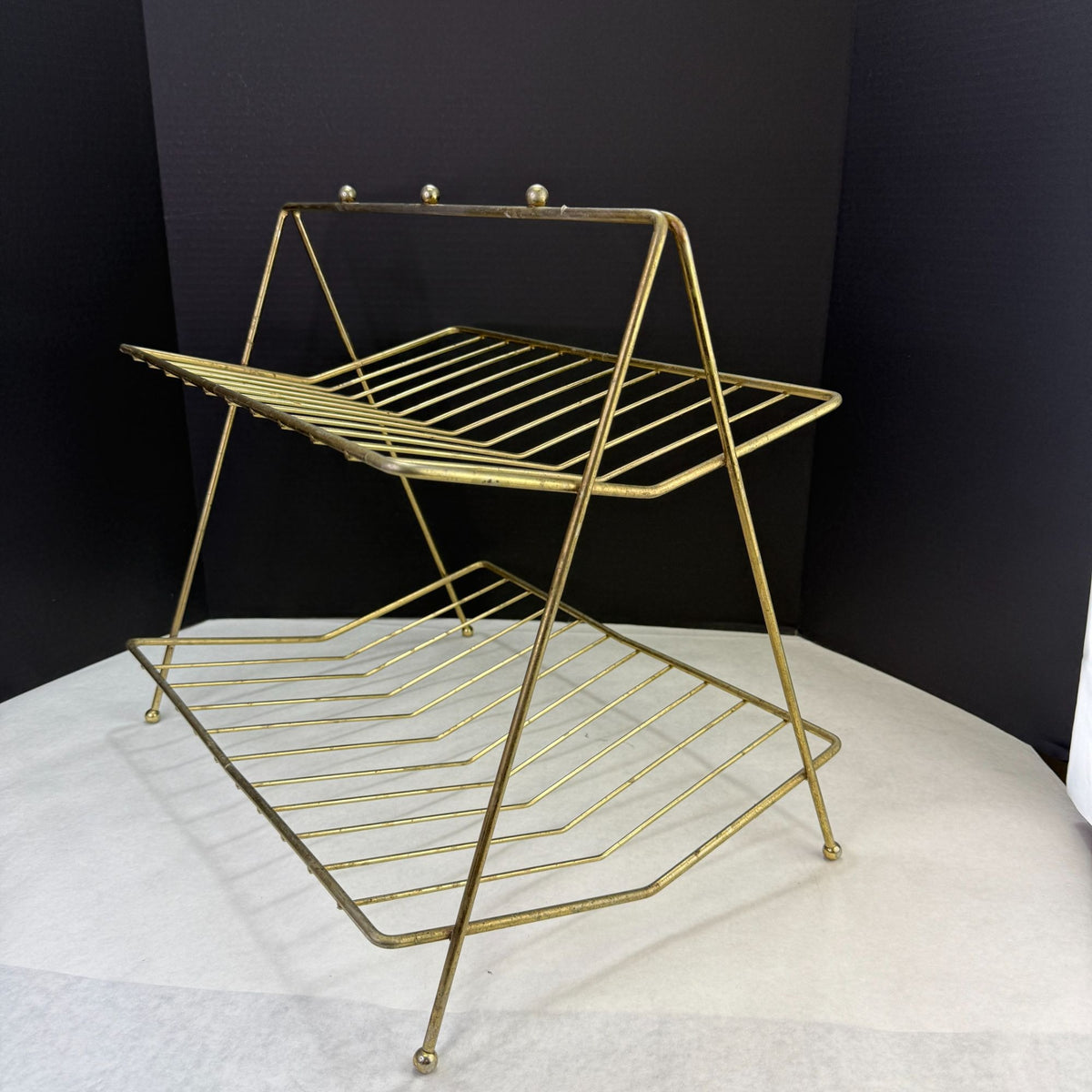 Vintage MCM 2 Tiered Gold Tone Wire Magazine Rack