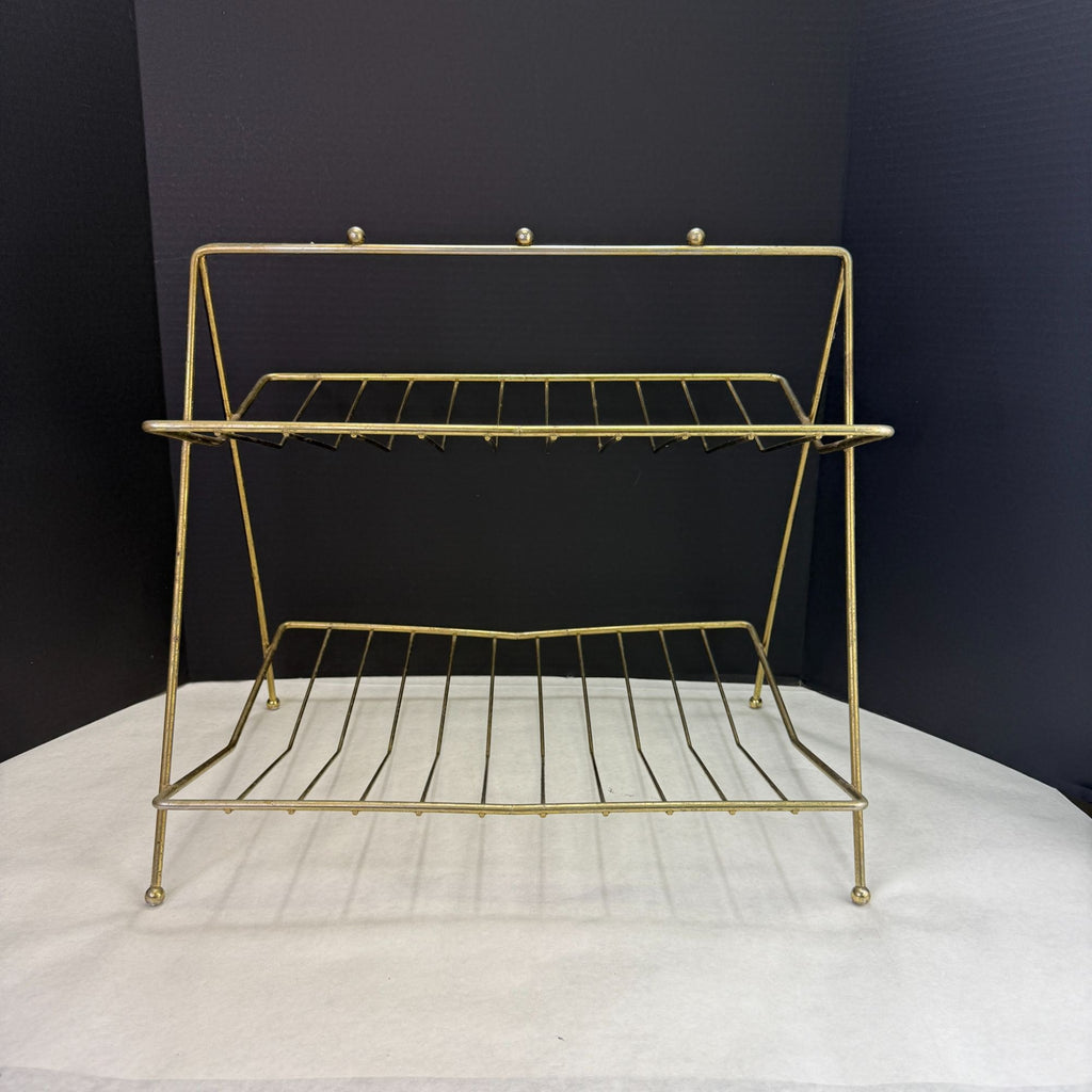 Vintage MCM 2 Tiered Gold Tone Wire Magazine Rack