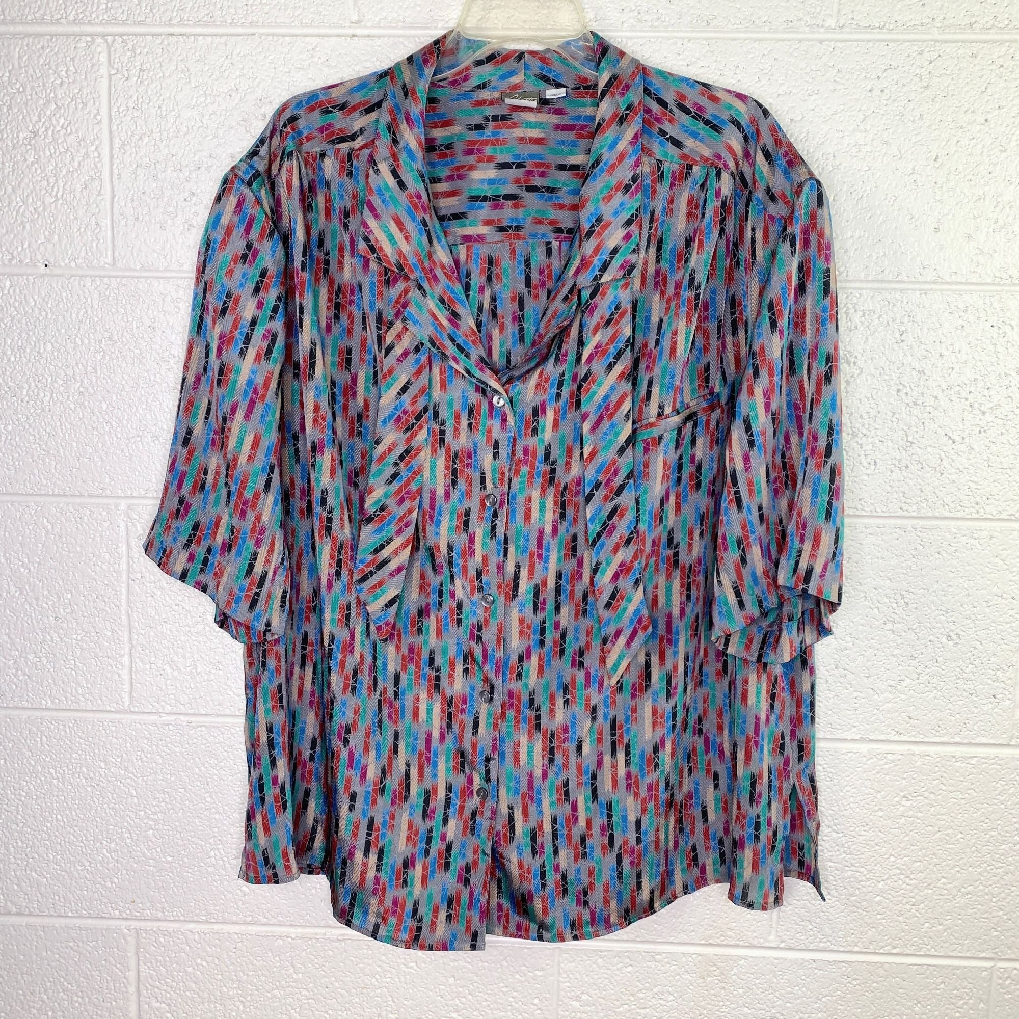 Vintage Pykettes Short Sleeve Blouse Womens 38 18W Gray Multicolor Pattern