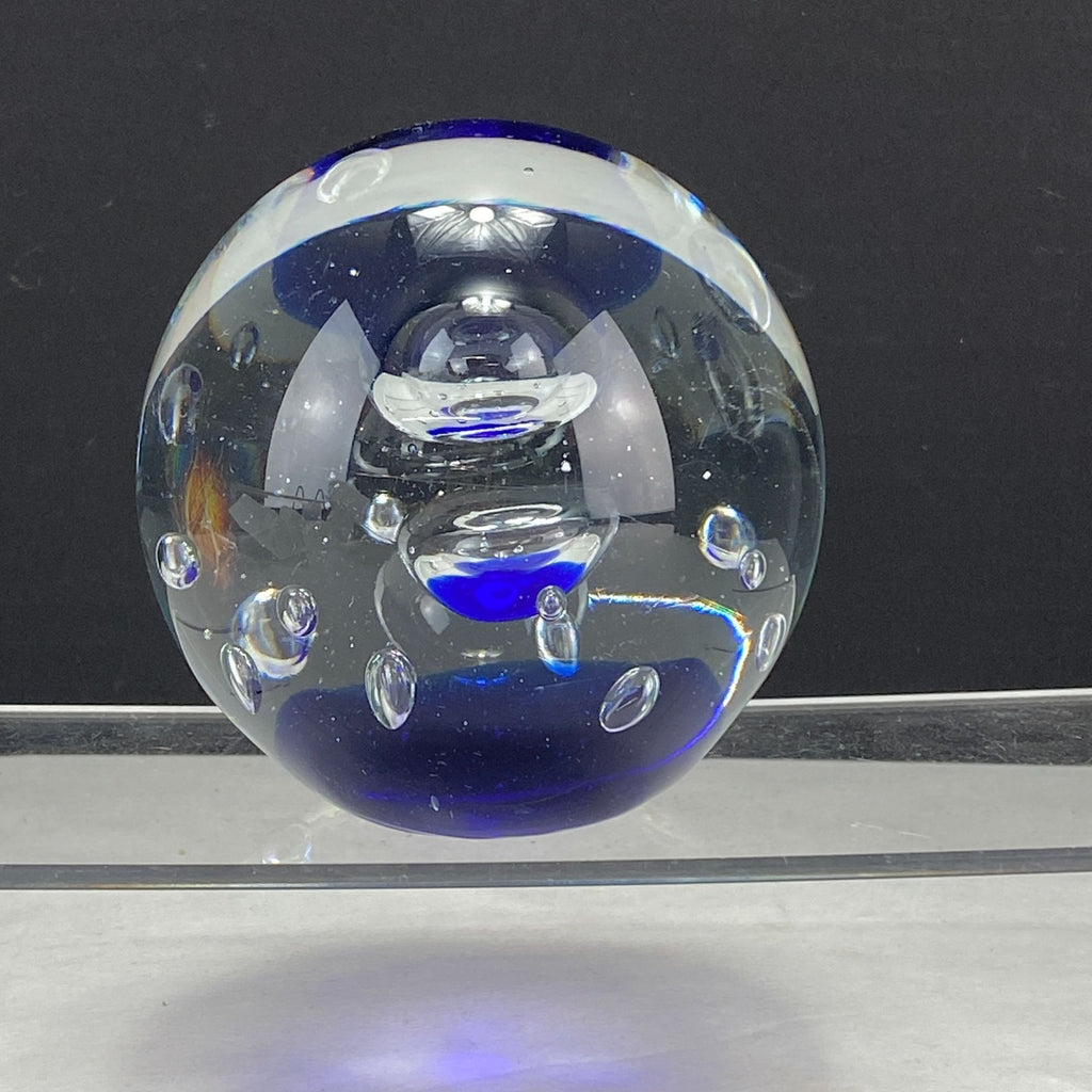 Vintage Art Glass Controlled Bubbles Cobalt Blue Clear Paperweight