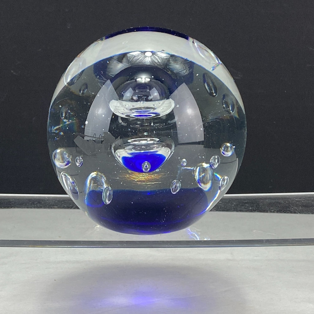 Vintage Art Glass Controlled Bubbles Cobalt Blue Clear Paperweight