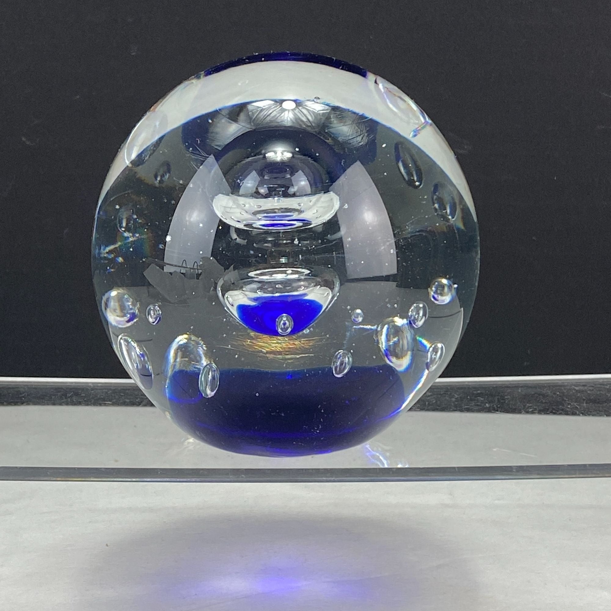 Vintage Art Glass Controlled Bubbles Cobalt Blue Clear Paperweight