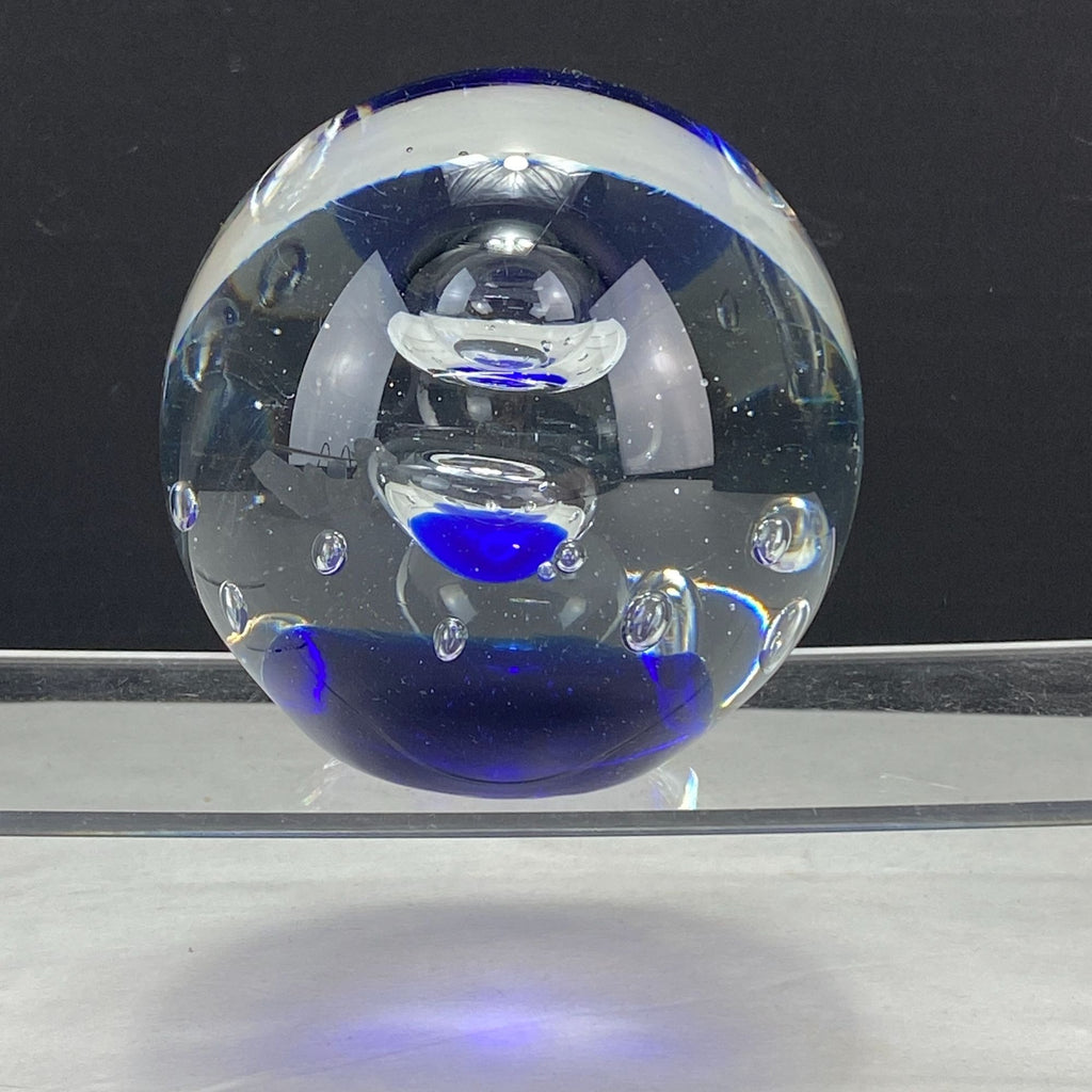 Vintage Art Glass Controlled Bubbles Cobalt Blue Clear Paperweight