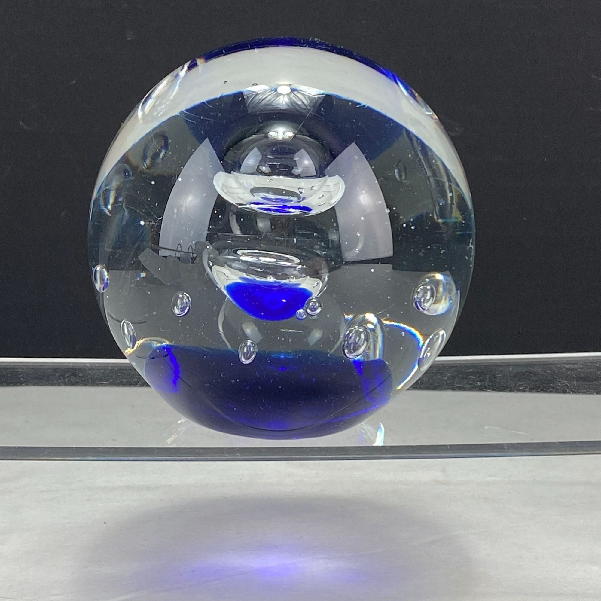 Vintage Art Glass Controlled Bubbles Cobalt Blue Clear Paperweight