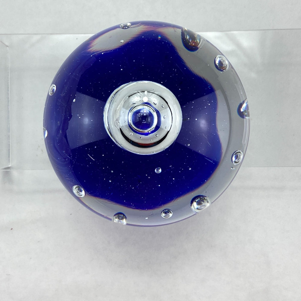 Vintage Art Glass Controlled Bubbles Cobalt Blue Clear Paperweight