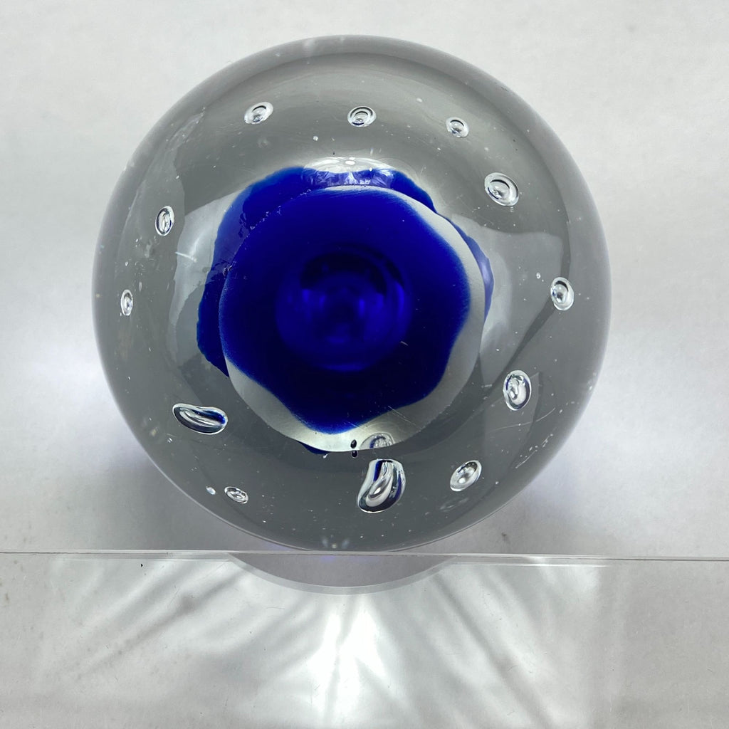 Vintage Art Glass Controlled Bubbles Cobalt Blue Clear Paperweight