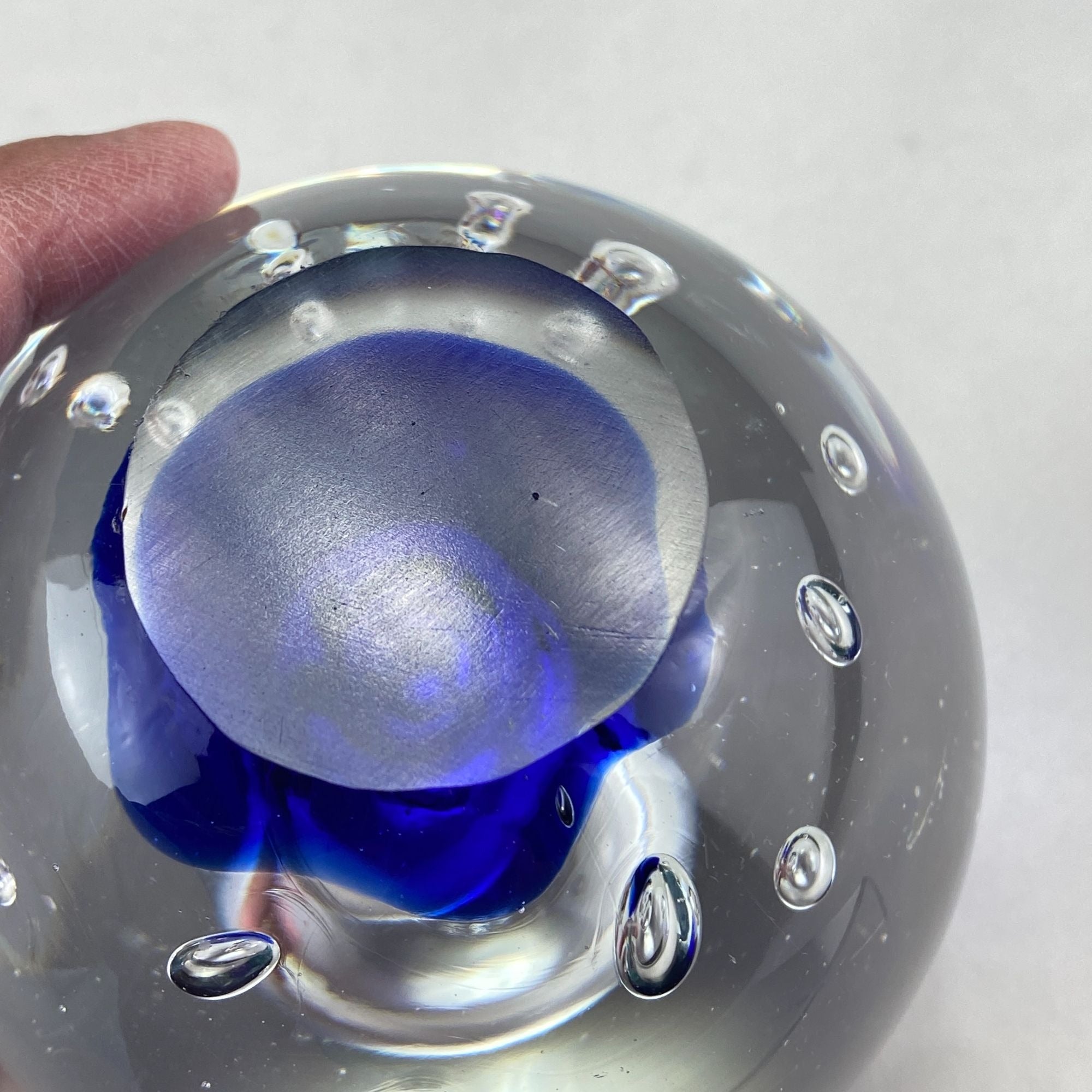 Vintage Art Glass Controlled Bubbles Cobalt Blue Clear Paperweight