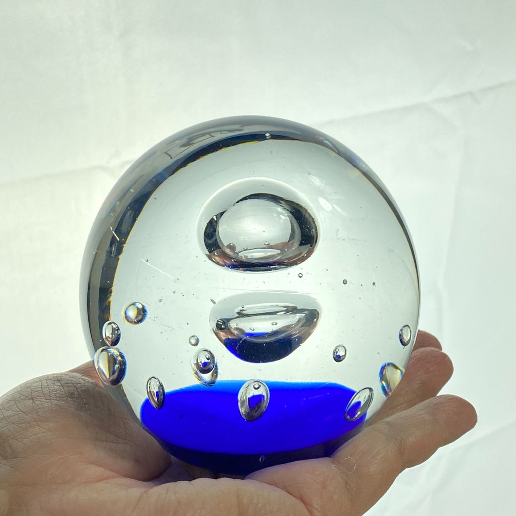 Vintage Art Glass Controlled Bubbles Cobalt Blue Clear Paperweight