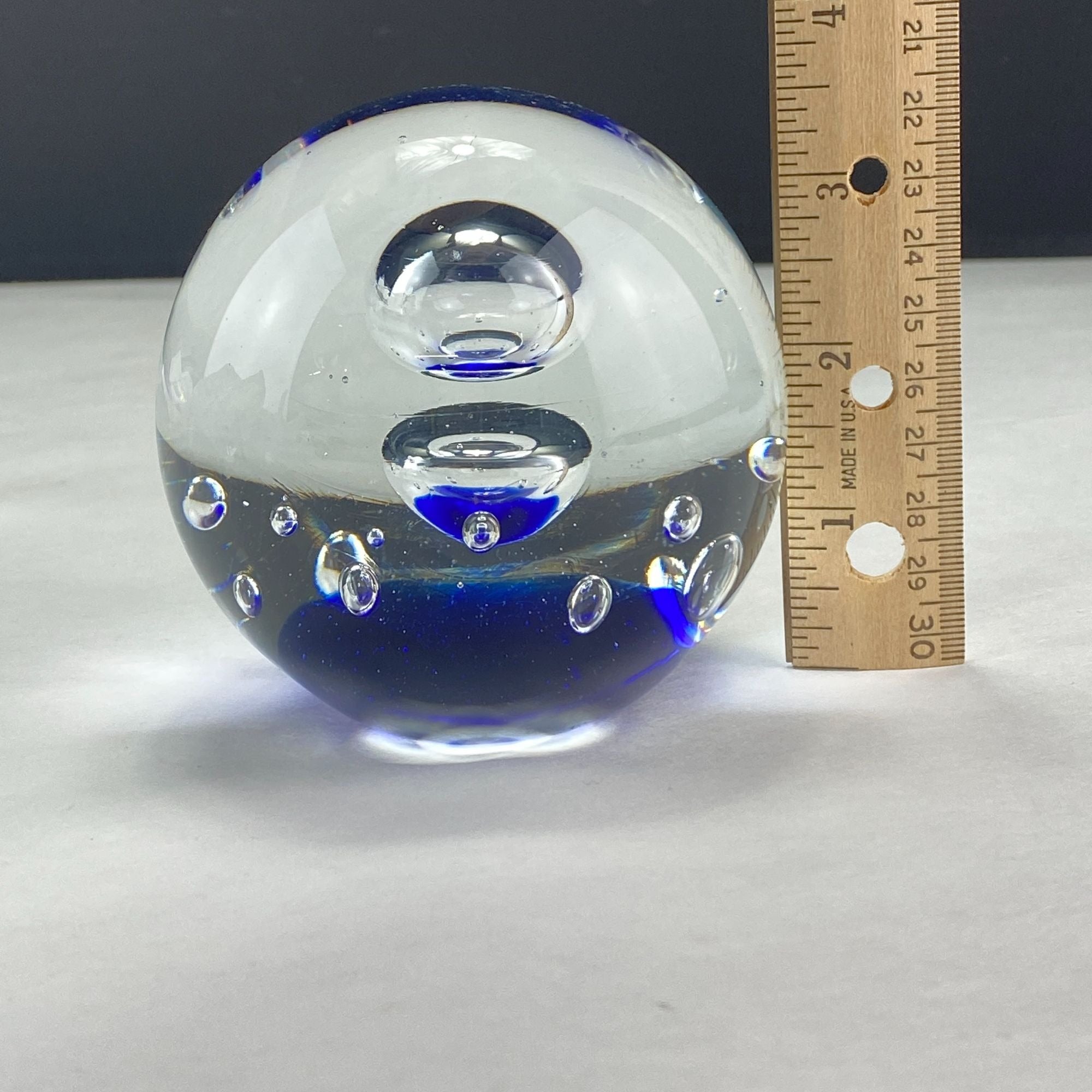 Vintage Art Glass Controlled Bubbles Cobalt Blue Clear Paperweight