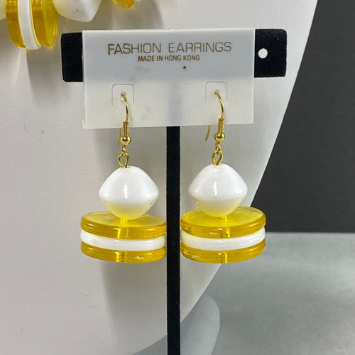 Vintage 90s Necklace & Earrings Set Yellow/White Disc Beads NOS
