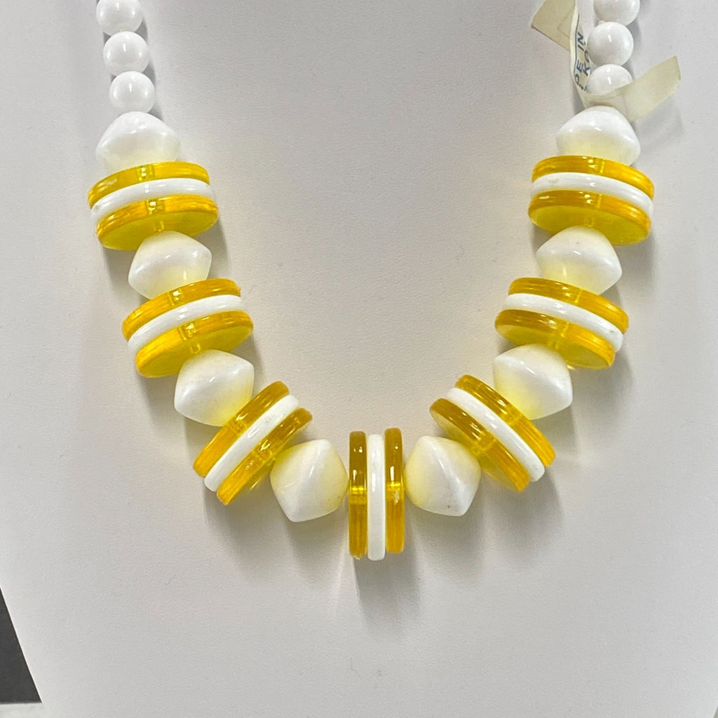 Vintage 90s Necklace & Earrings Set Yellow/White Disc Beads NOS