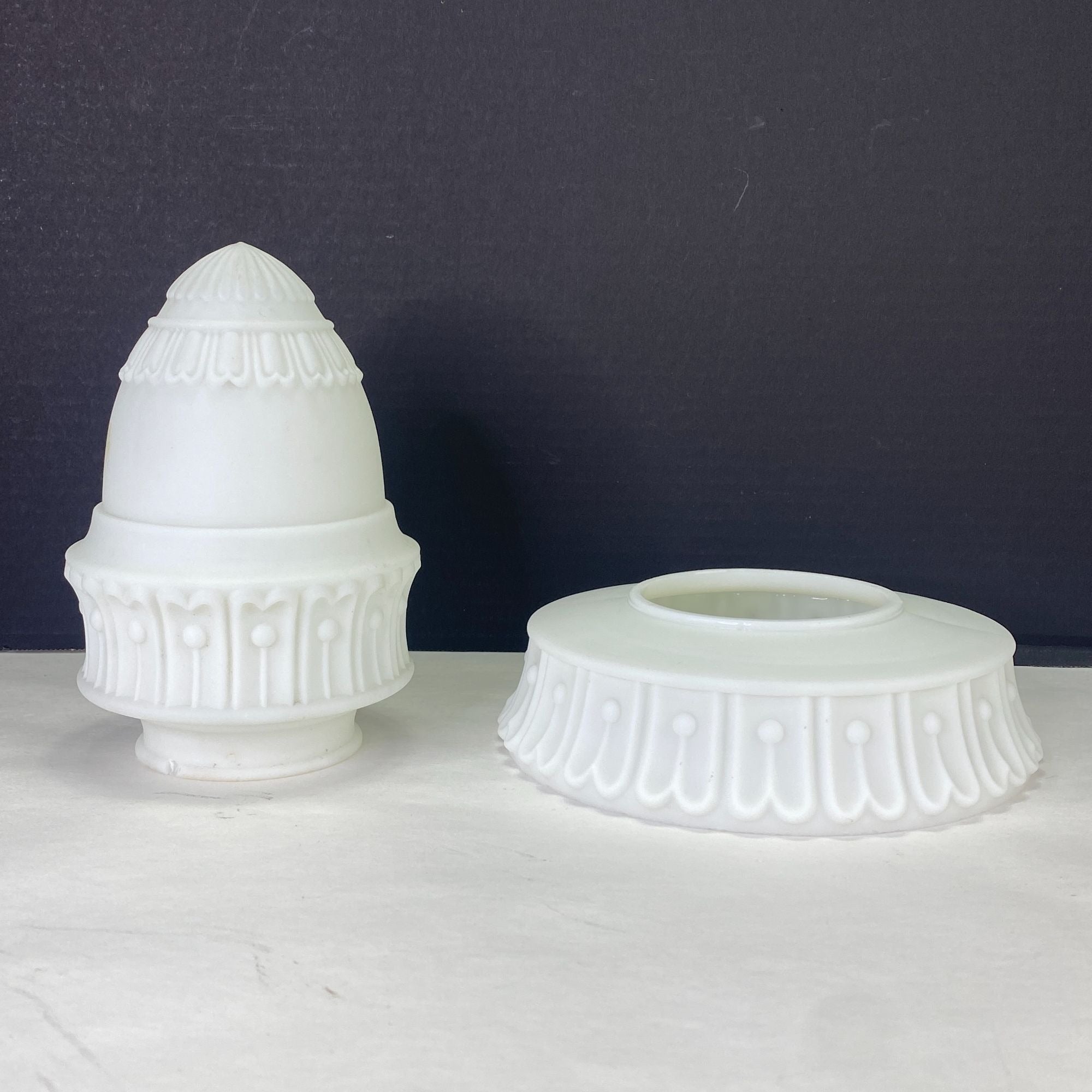 Vintage Acorn Light Shade Set With Decorative Ring White Satin Glass