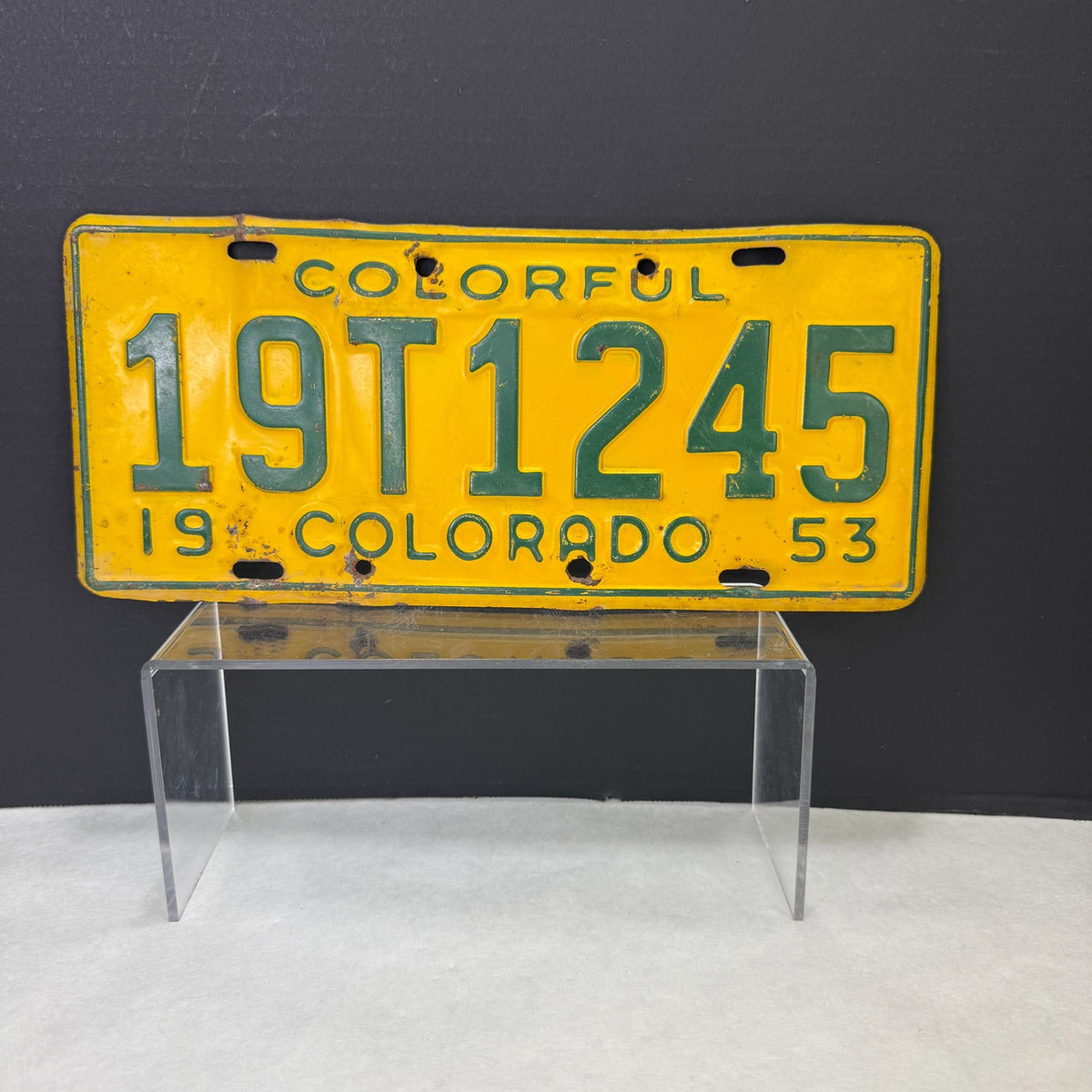 Vintage 1953 Colorado License Plate 19T1245 Yellow Green Colorful Colorado