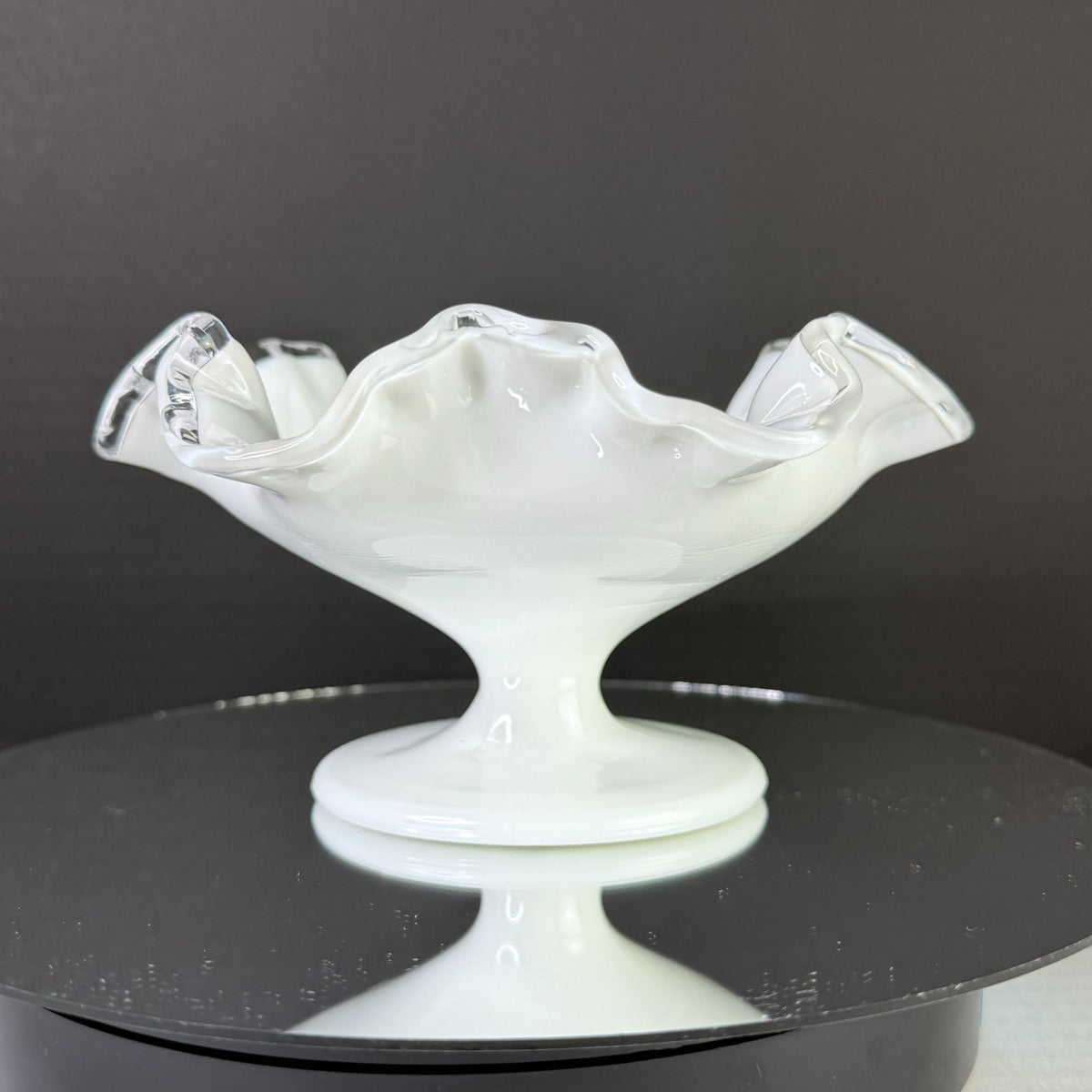 Vintage Fenton Silver Crest Milk Glass Ruffled Pedestal Candy Dish 7"