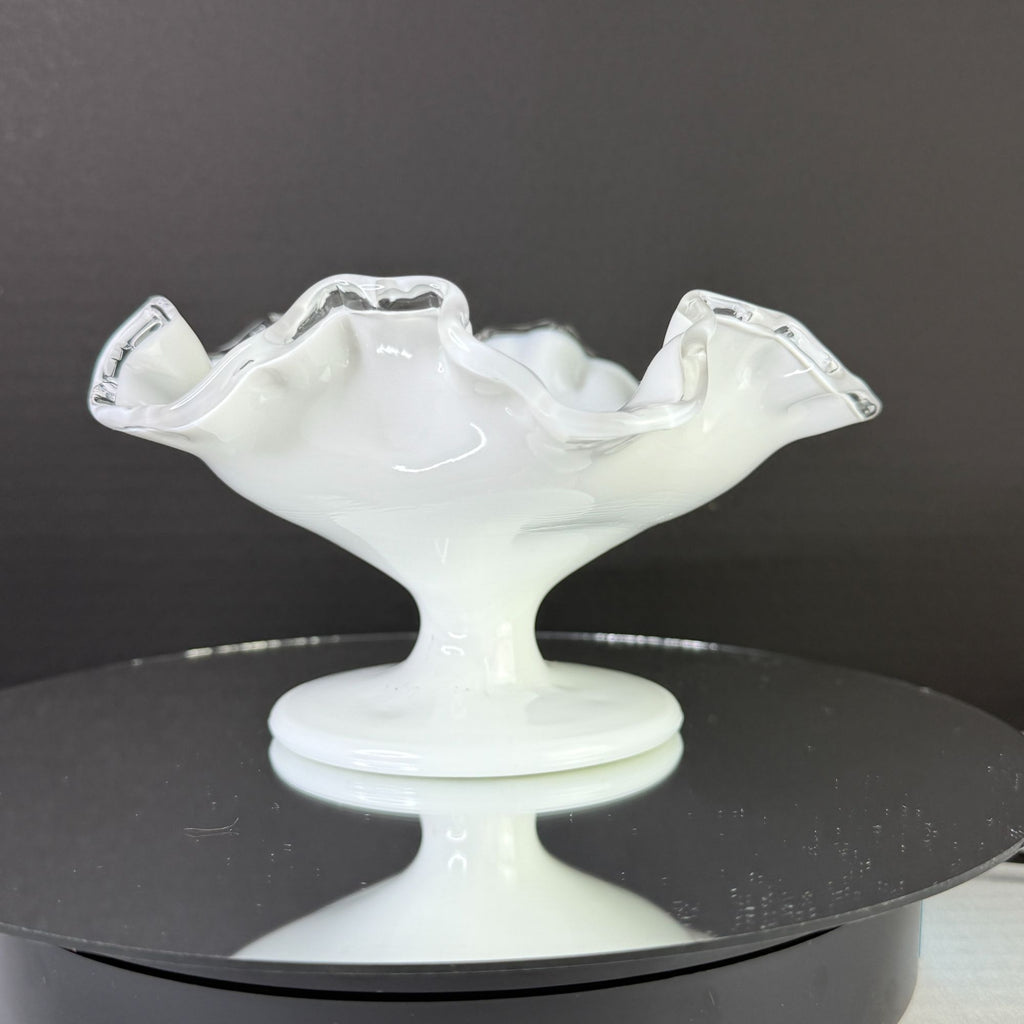 Vintage Fenton Silver Crest Milk Glass Ruffled Pedestal Candy Dish 7"